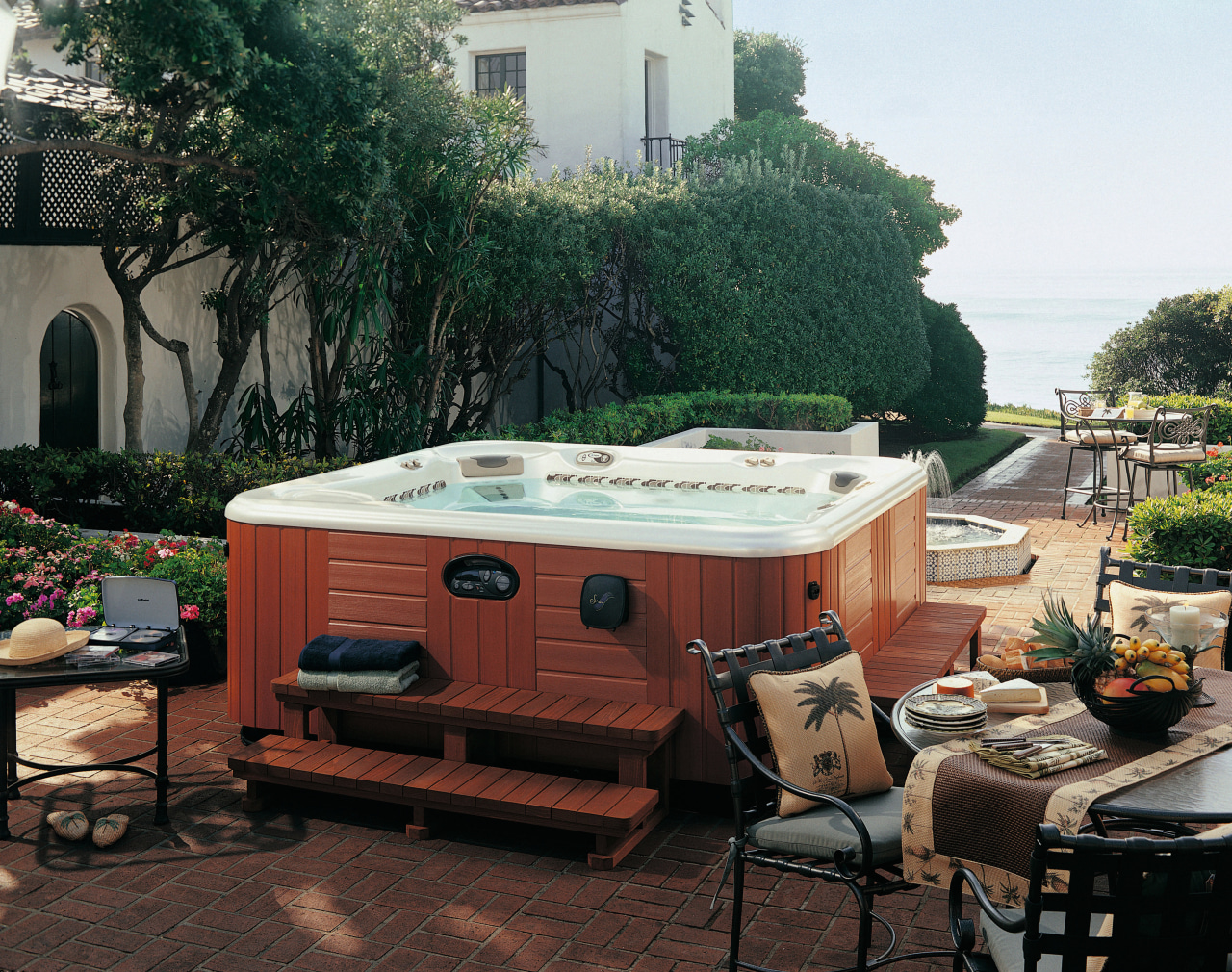 View of Hot Spring's Grandee spa pool backyard, outdoor structure, roof, swimming pool, black