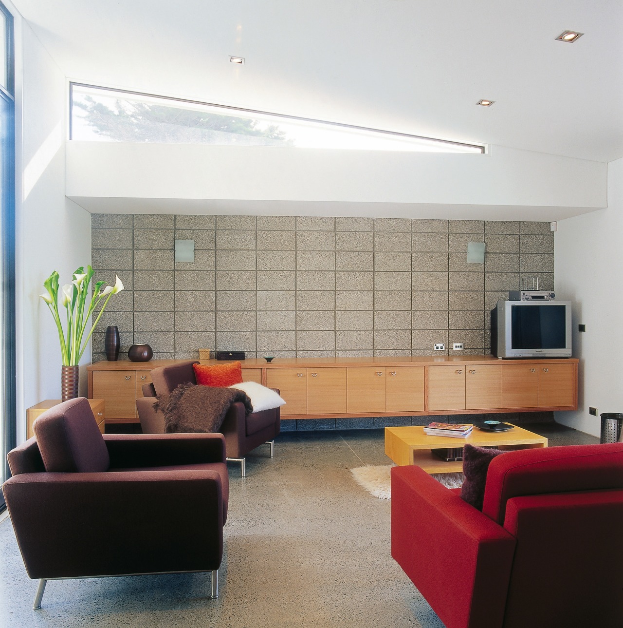 View of a family room featuring polished concrete architecture, ceiling, floor, house, interior design, living room, real estate, room, wall, gray, white