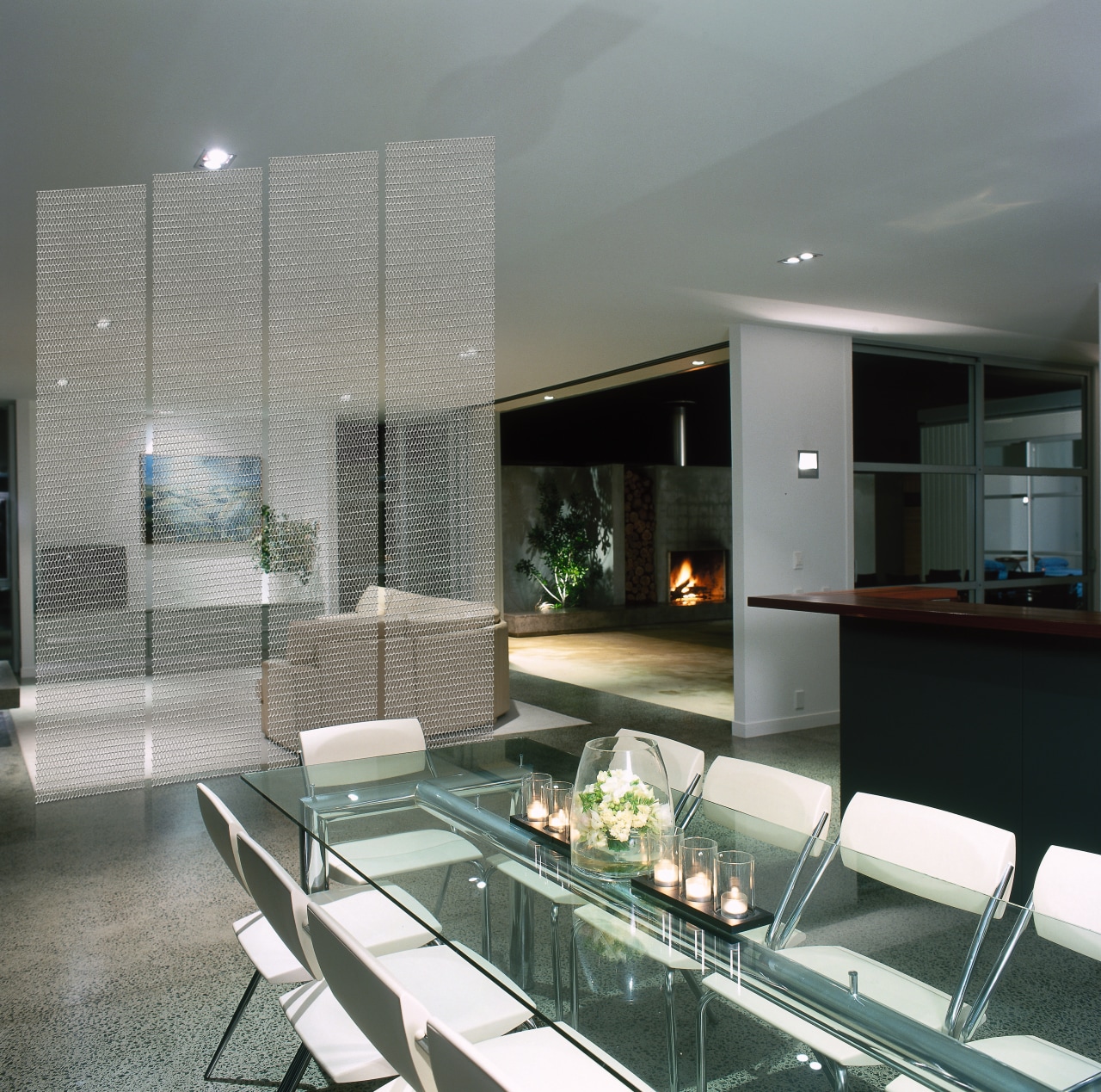 A dining area featuring designer mesh. The area architecture, condominium, glass, interior design, real estate, window, gray