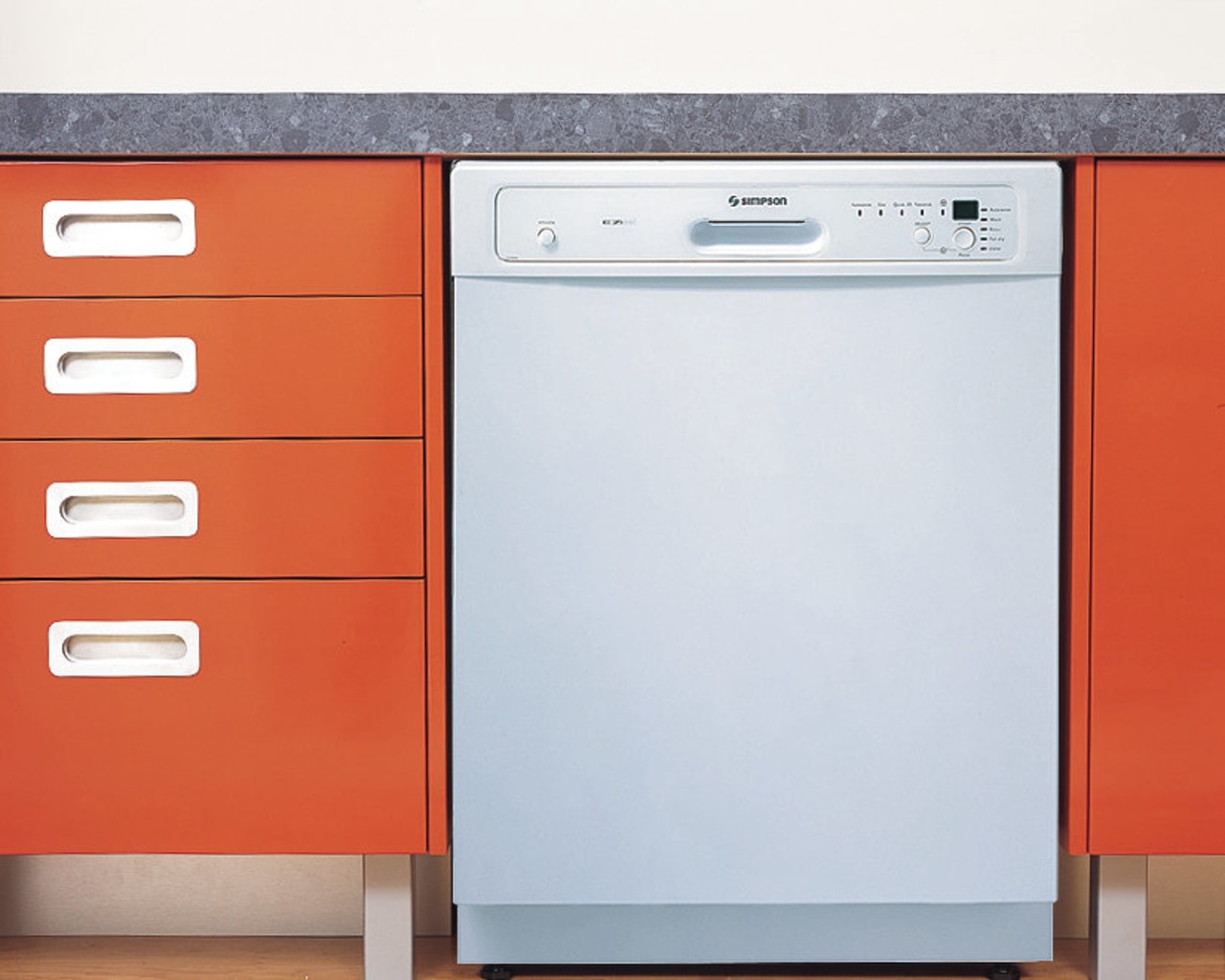 A photograph of a white Simpsons dishwasher. The chest of drawers, drawer, furniture, home appliance, kitchen appliance, major appliance, orange, product, product design, white, red