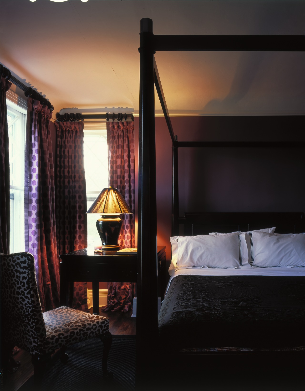 View of the bedroom bed, bed frame, bedroom, ceiling, four poster, furniture, home, interior design, lighting, room, suite, window, black