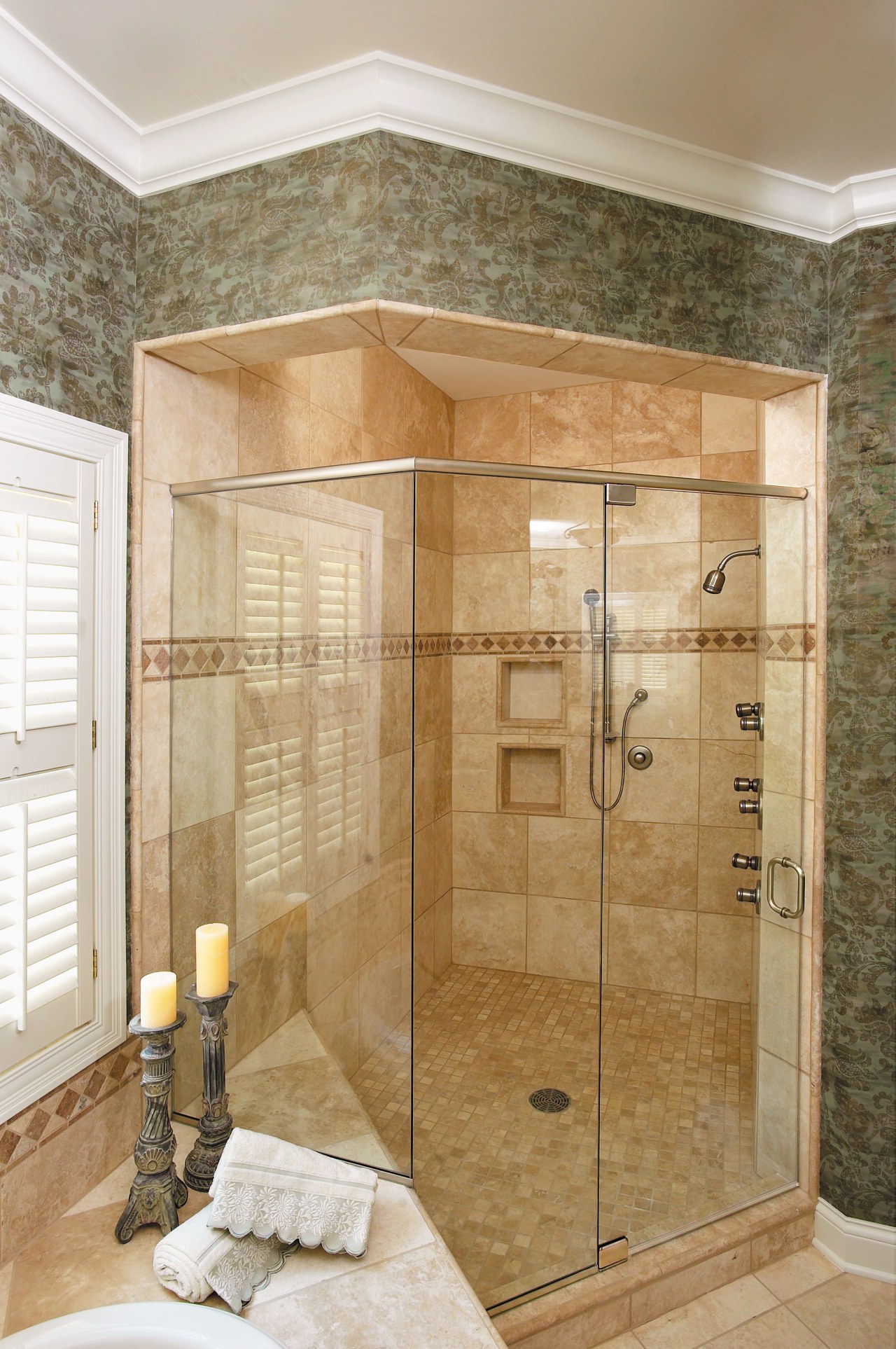 View of the luxury shower bathroom, floor, interior design, plumbing fixture, room, shower, tile, wall, brown, orange, white