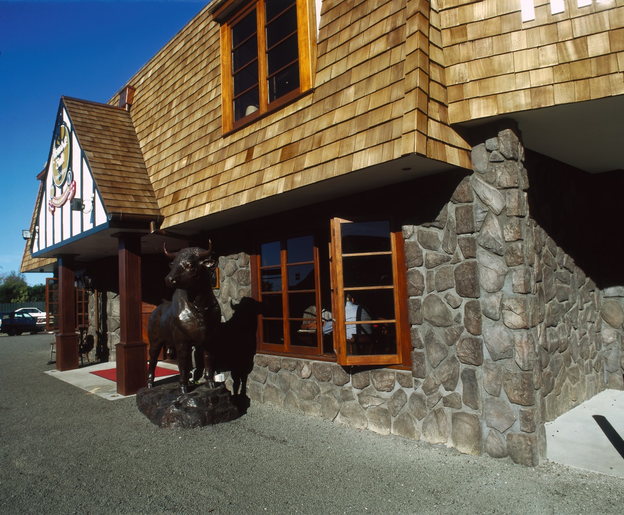 Exterior view of the entrance facade, house, roof, black, gray