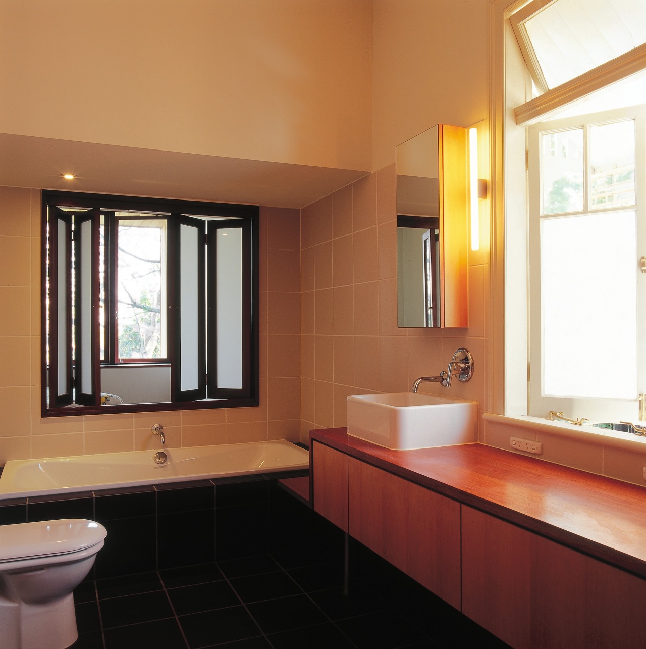 View of the bathroom architecture, bathroom, daylighting, floor, flooring, home, interior design, property, real estate, room, sink, window, orange