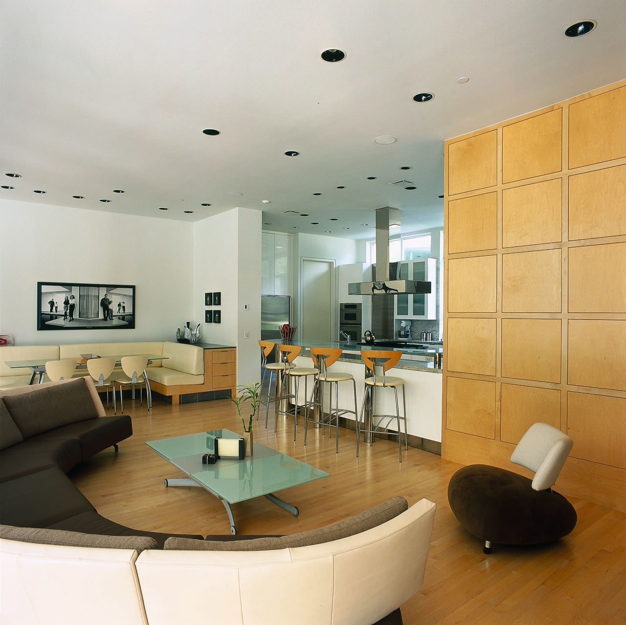 view of lounge area flowing into the kitchen architecture, ceiling, floor, interior design, living room, lobby, real estate, room, table, white