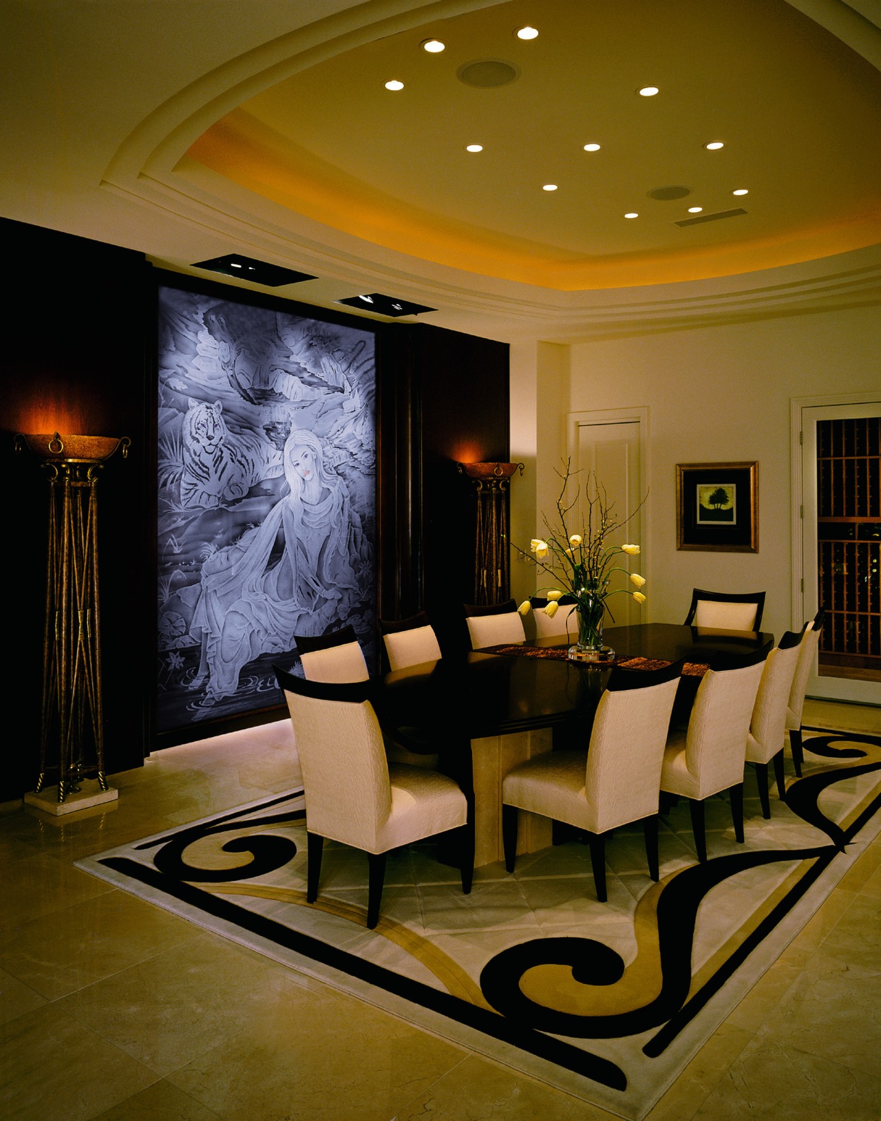 View of the dining area ceiling, dining room, furniture, home, interior design, lighting, living room, lobby, room, table, wall, brown