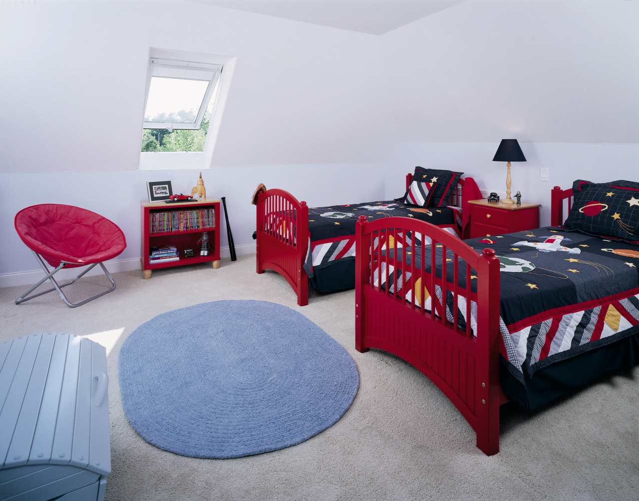 View of this children's bedroom bed, bed frame, bed sheet, bedding, bedroom, furniture, home, interior design, linens, product, real estate, red, room, textile, gray