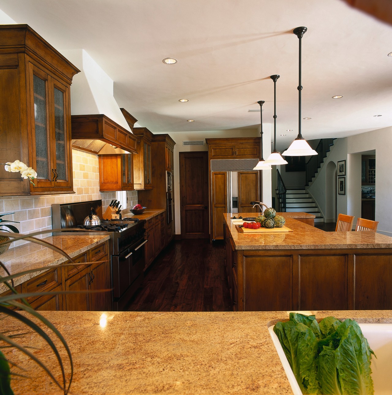 Broad view of this contemporary kitchen cabinetry, ceiling, countertop, cuisine classique, flooring, interior design, kitchen, real estate, room, brown, gray