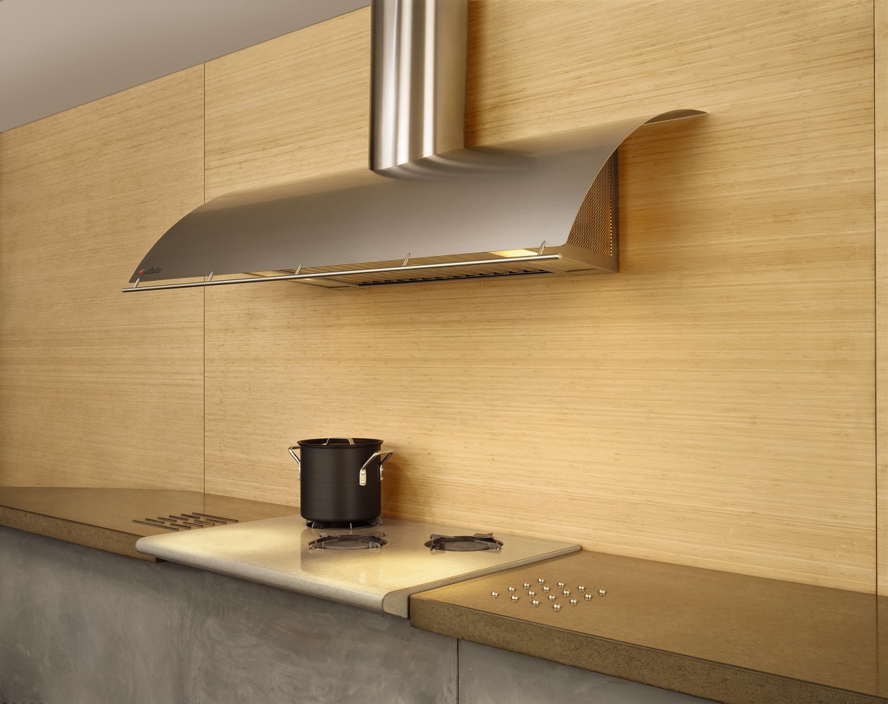 View of the rangehood angle, countertop, floor, furniture, light fixture, lighting, plywood, product design, shelf, tap, under cabinet lighting, wall, wood, orange