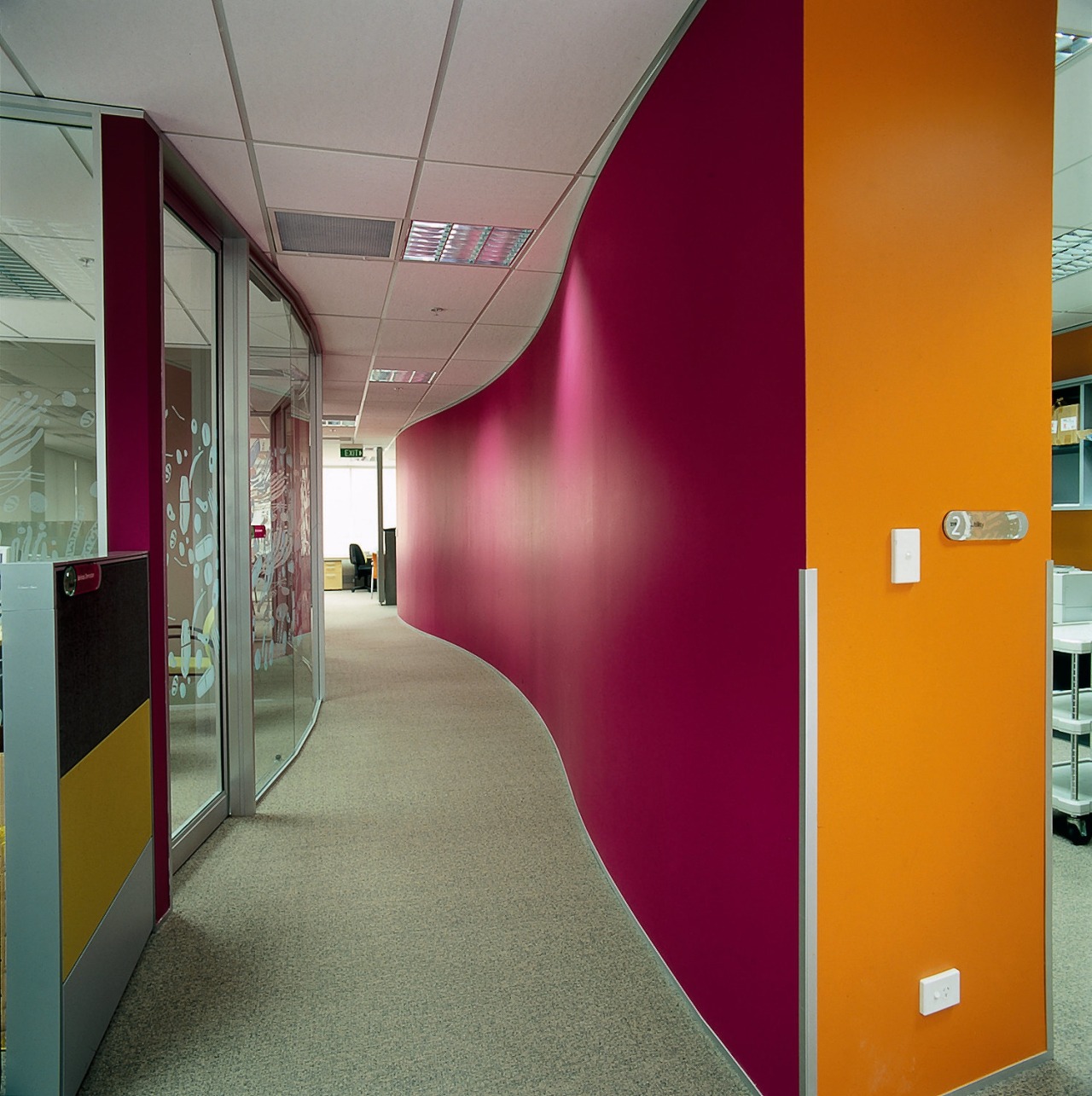 Corridor on office floor with curved purple and architecture, ceiling, floor, glass, interior design, office, wall, gray