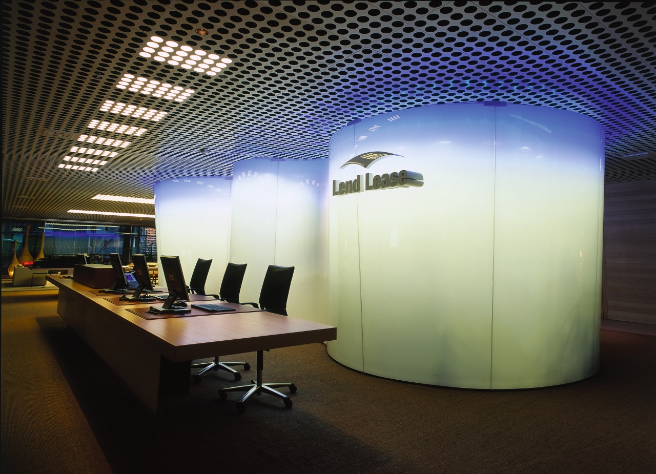 Curved glass structures behind reception desk, perforated ceiling architecture, ceiling, interior design, lighting, office, black