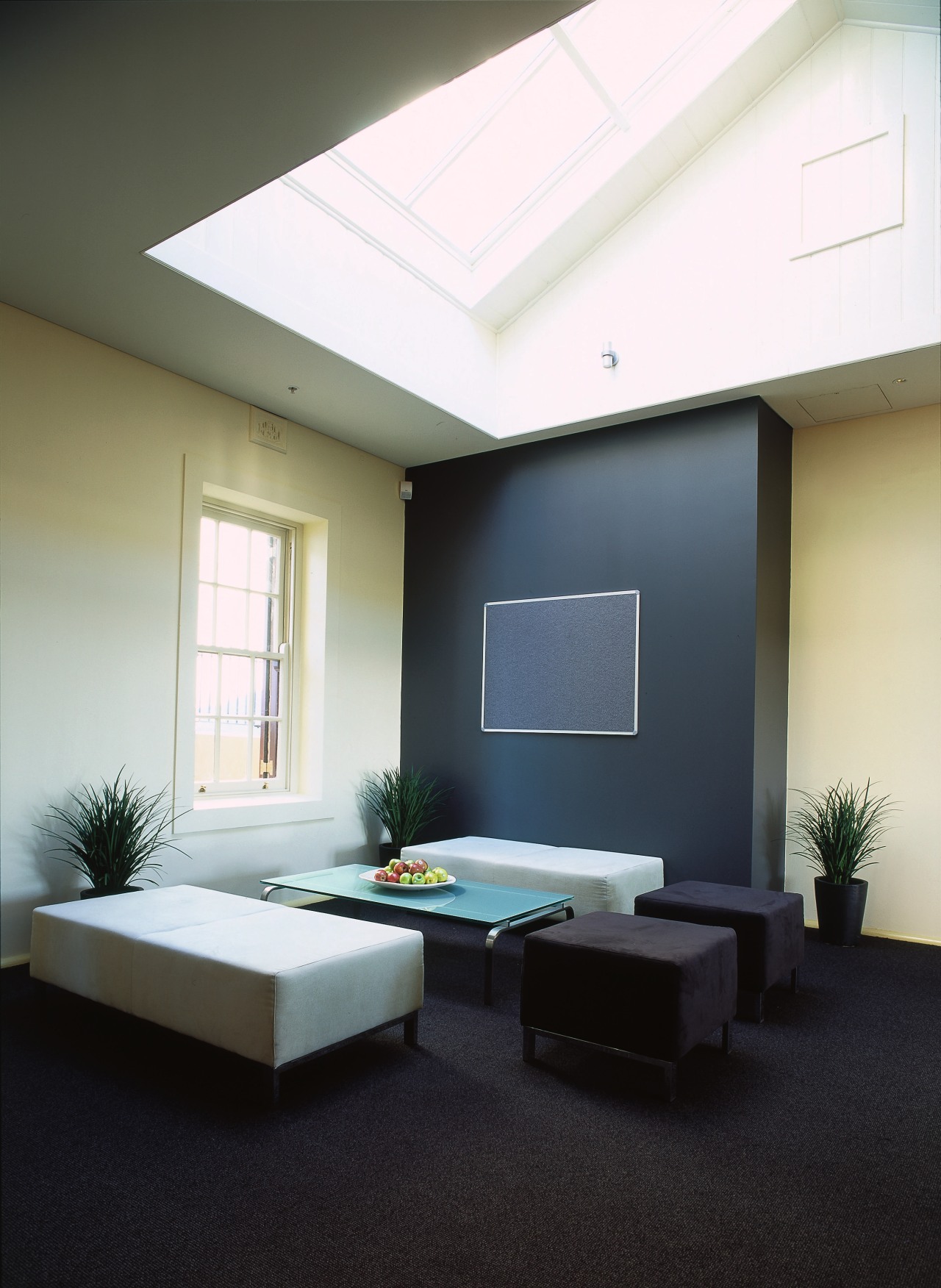 Sitting area with black and white stool seats, architecture, ceiling, daylighting, floor, furniture, interior design, living room, room, table, window, black, white