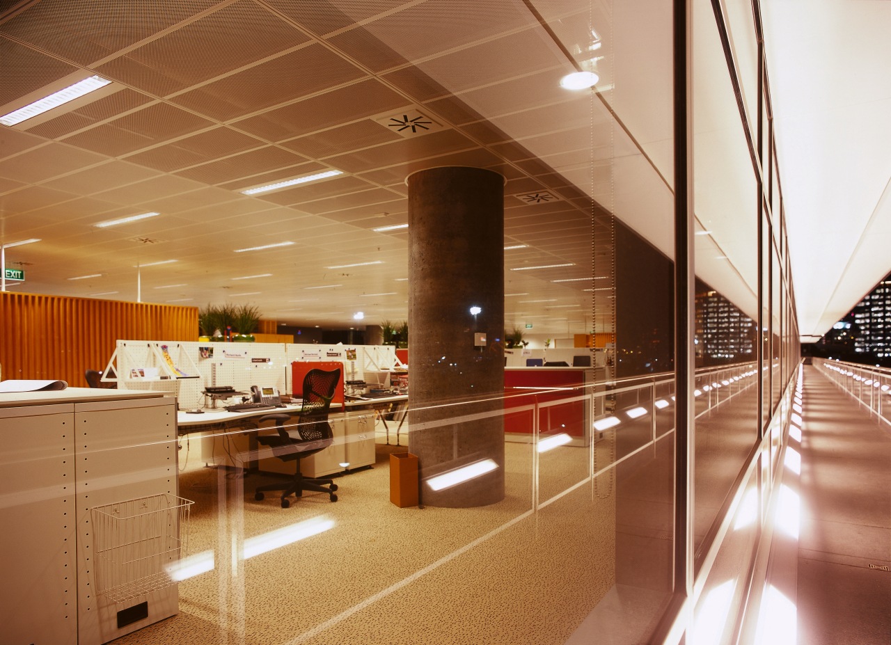 Open plan office floor with Herman Miller office architecture, ceiling, floor, flooring, interior design, lobby, wood, brown, orange