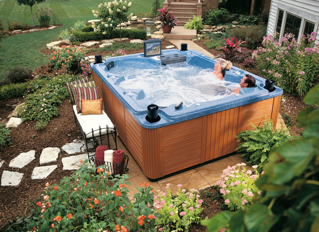 Broad view of this luxury spa bath backyard, hot tub, leisure, swimming pool, water, yard, green, brown
