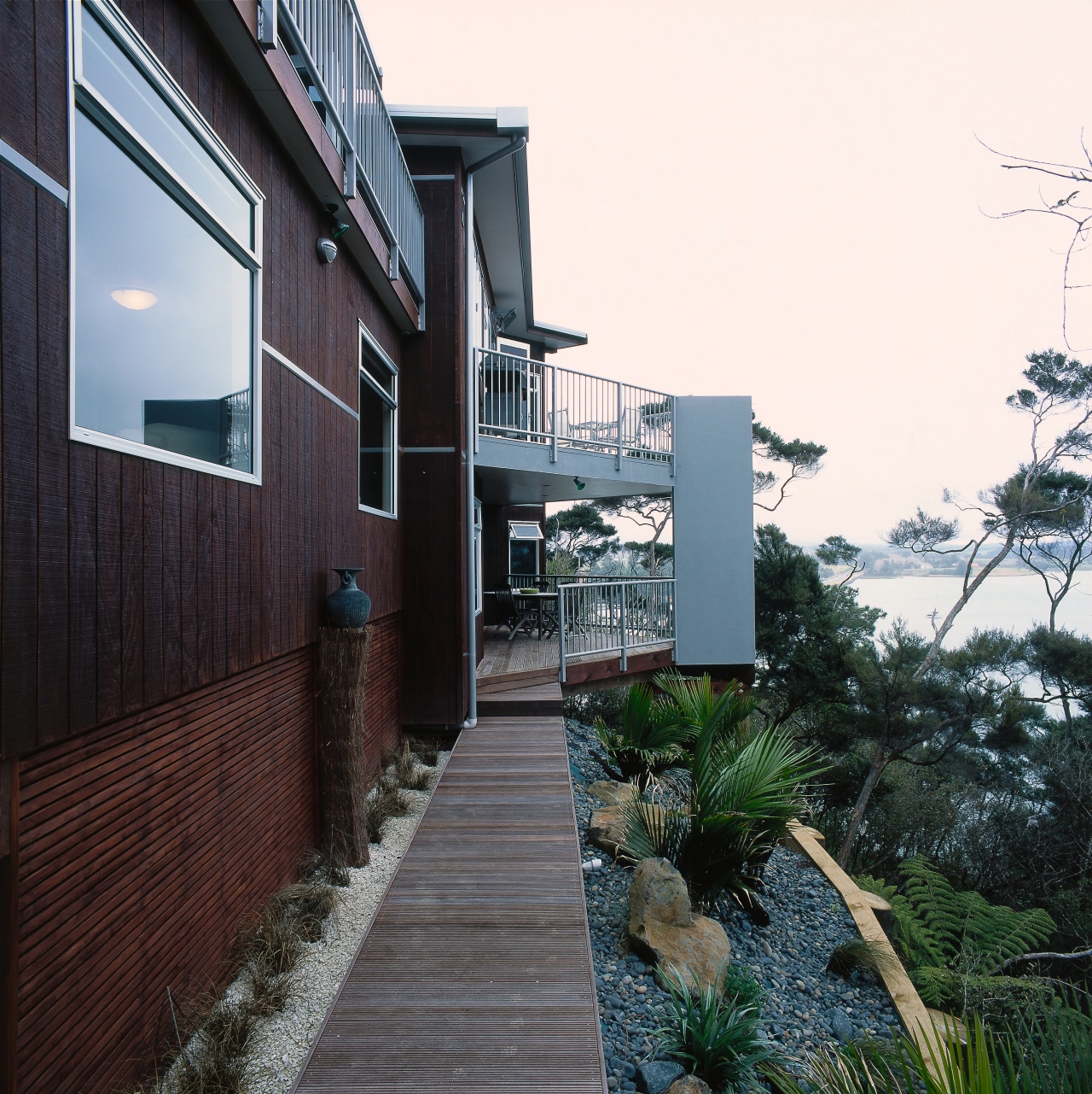 View of the garden &amp; landscaping apartment, architecture, building, cottage, facade, home, house, neighbourhood, property, real estate, residential area, walkway, black, white