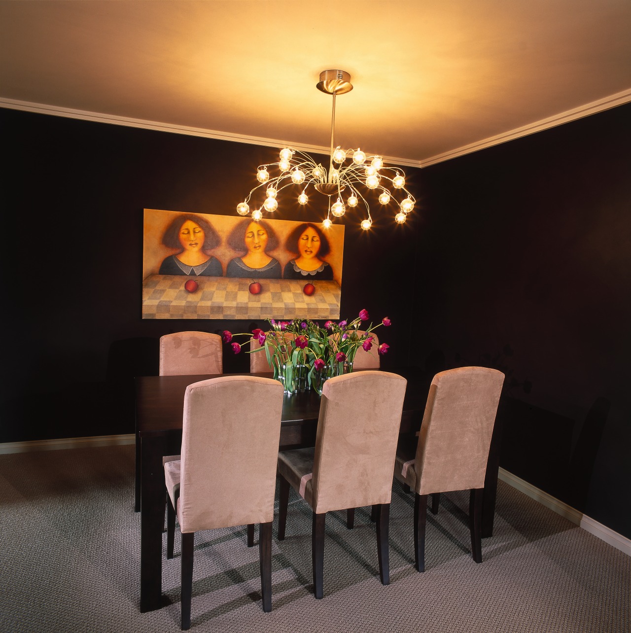 View of the dining area ceiling, chandelier, dining room, furniture, home, interior design, light fixture, lighting, room, table, wall, black