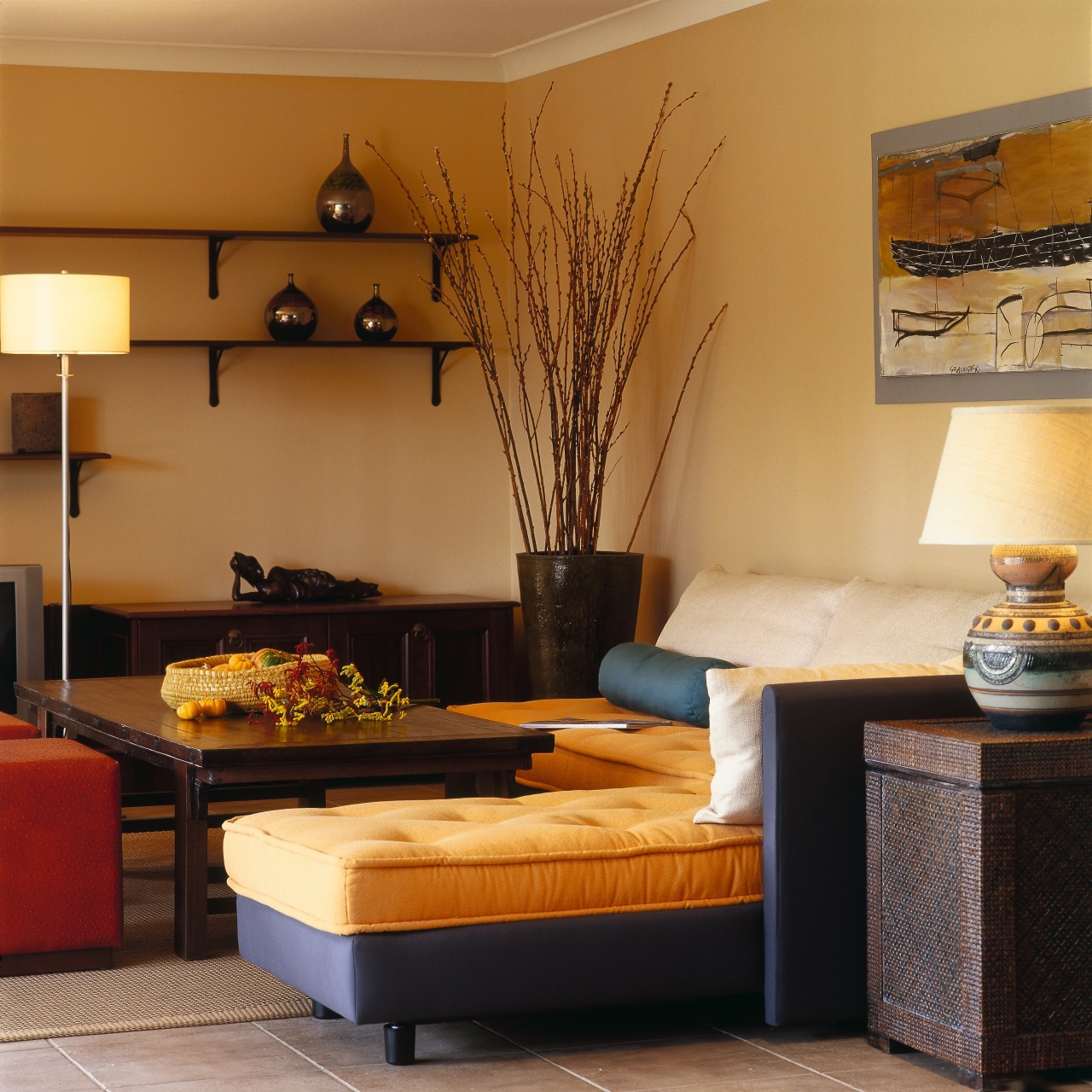 View of the living area floor, flooring, furniture, home, interior design, living room, room, table, brown, orange