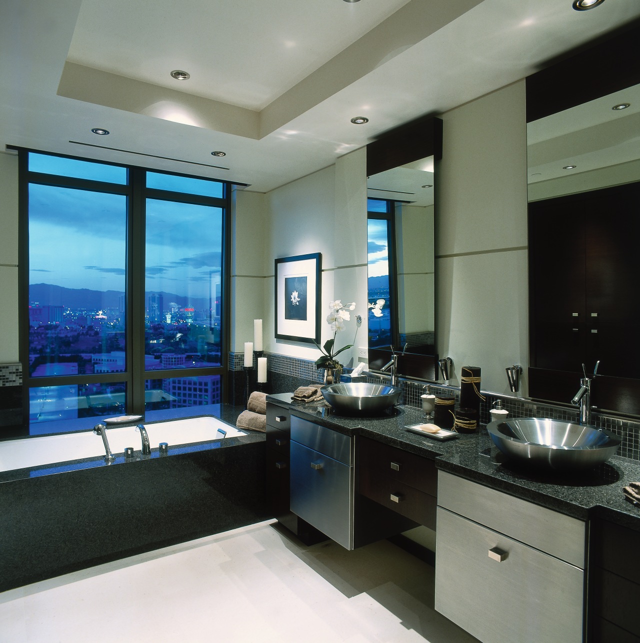 View of this modern bathroom countertop, interior design, kitchen, gray, black