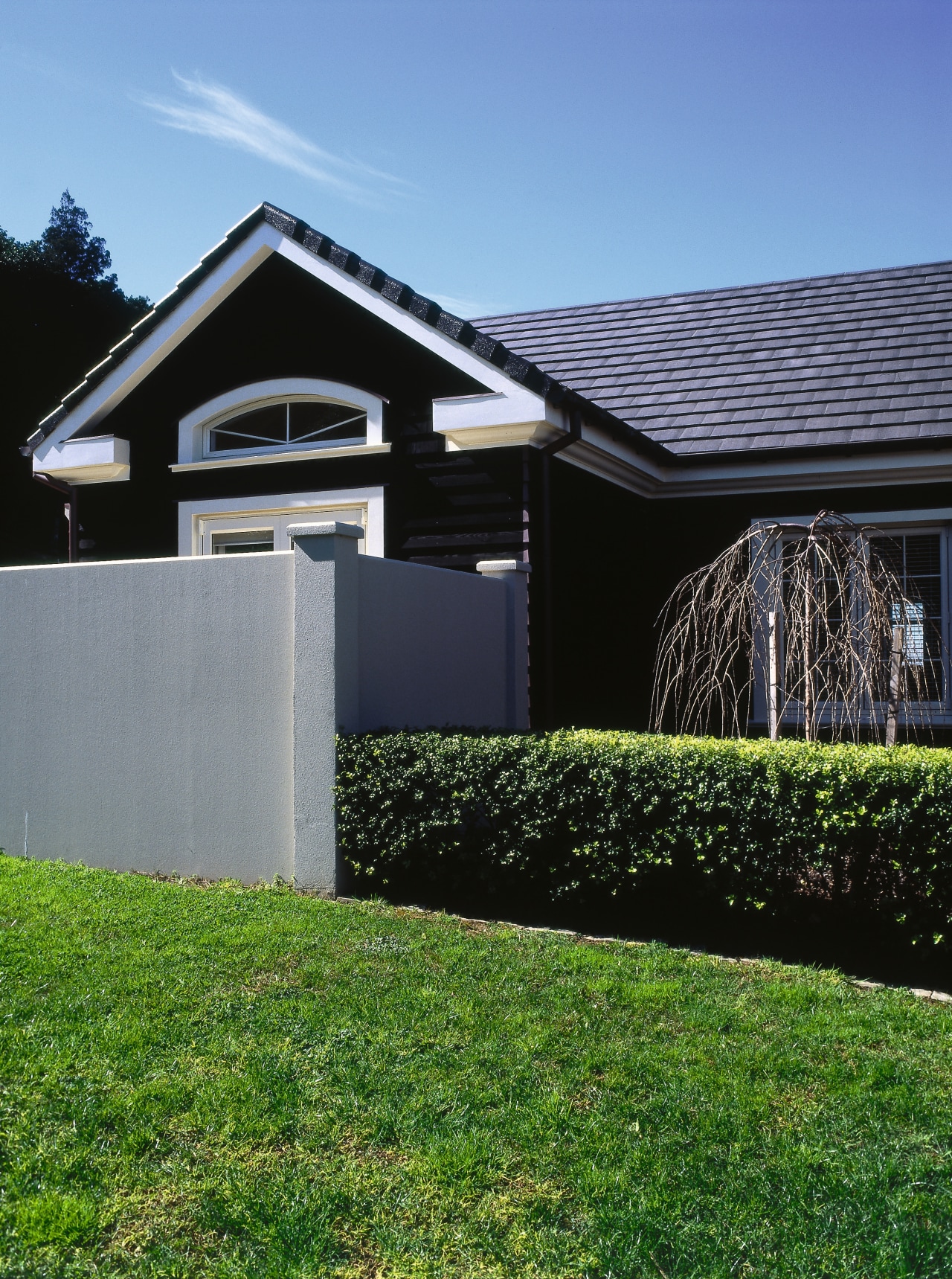 View of this home architecture, backyard, cottage, facade, grass, home, house, property, real estate, residential area, roof, shed, siding, sky, suburb, yard, black