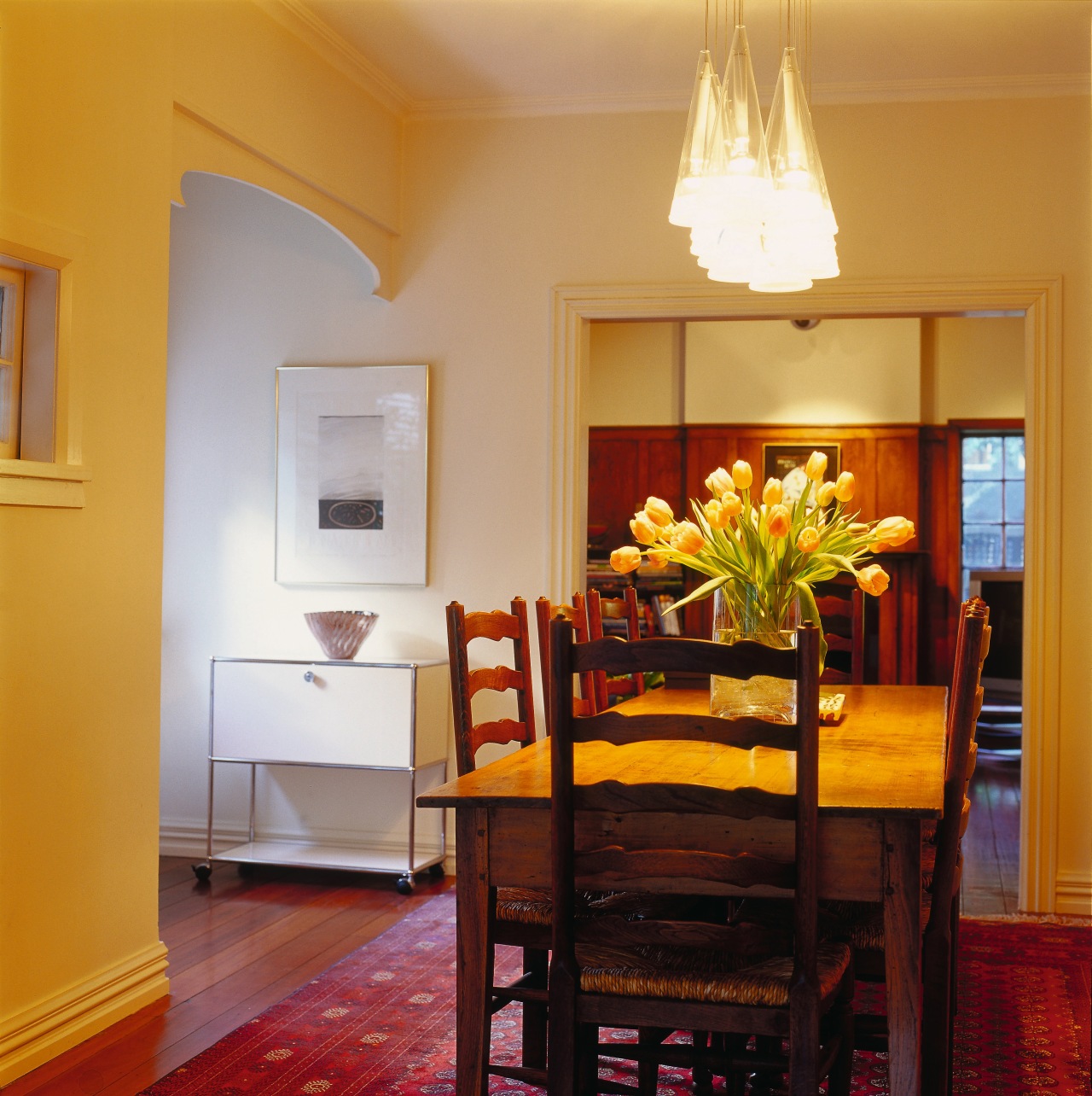 View of the dining area ceiling, chair, dining room, floor, flooring, furniture, hardwood, home, house, interior design, living room, property, real estate, room, suite, table, window, wood flooring, orange, red