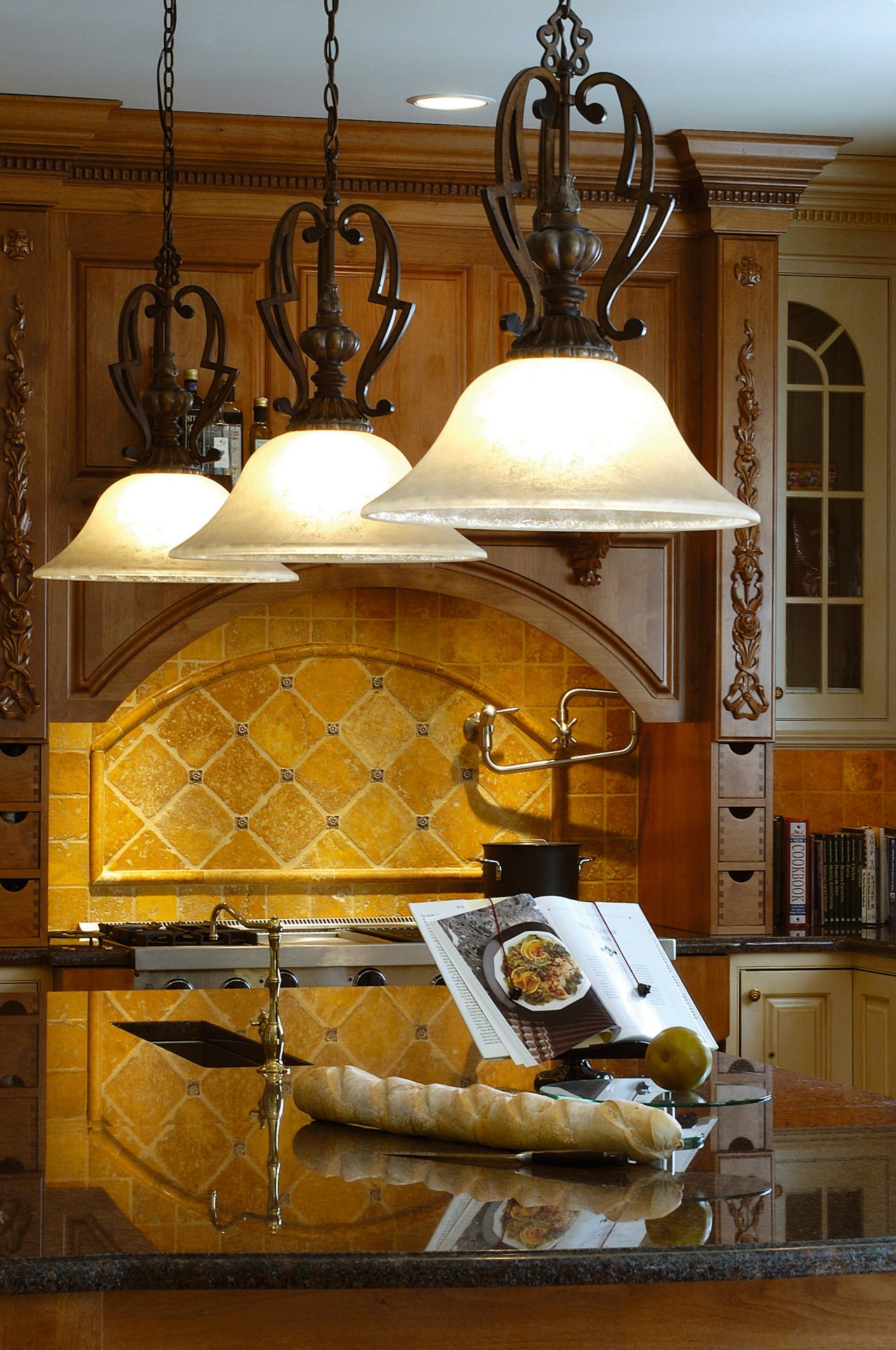 Close view of this kitchen furniture, home, interior design, light fixture, lighting, table, wall, brown