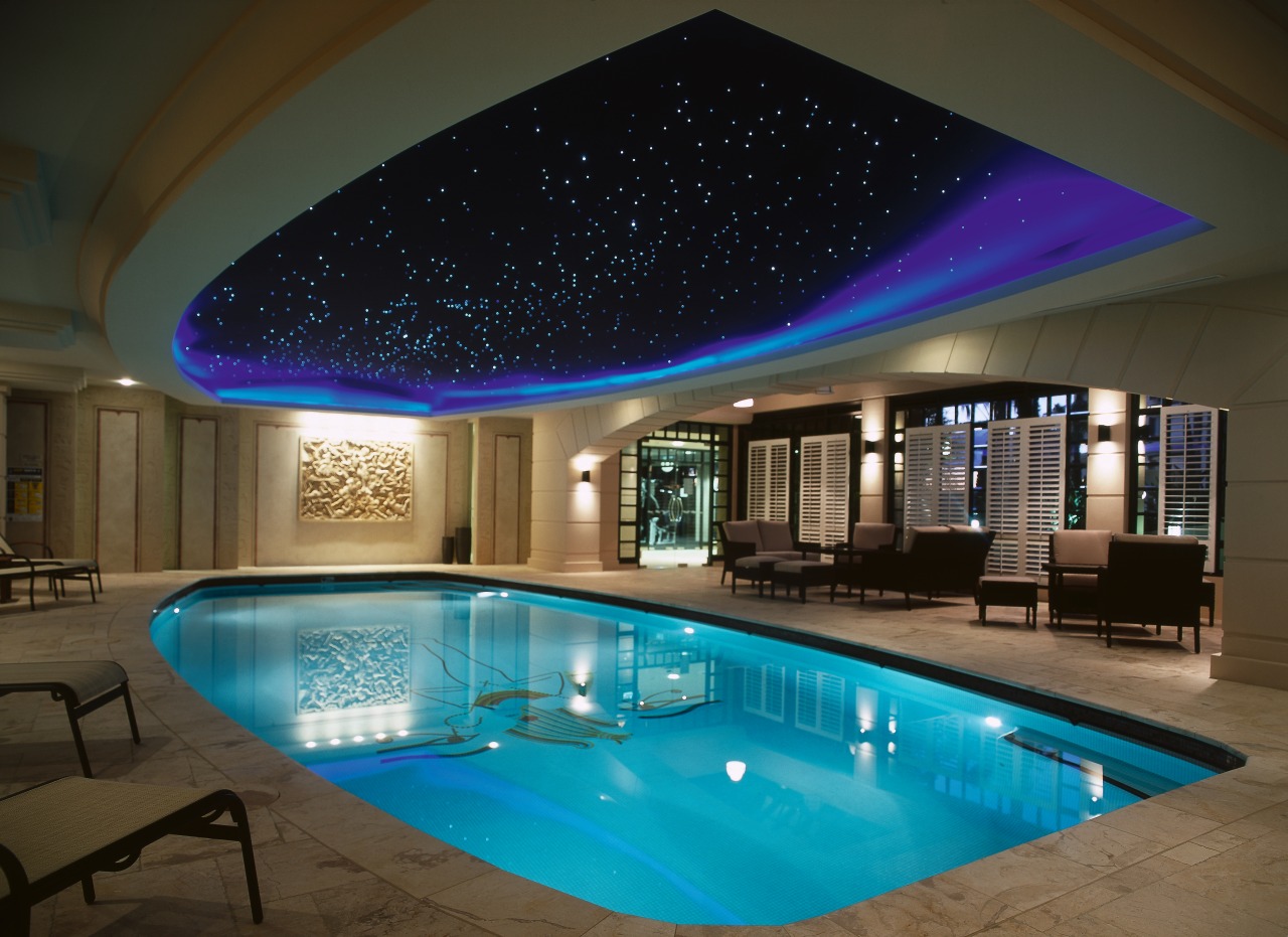 interior view of indoor heated pool in the ceiling, daylighting, estate, home, interior design, light, lighting, property, real estate, swimming pool, brown, black