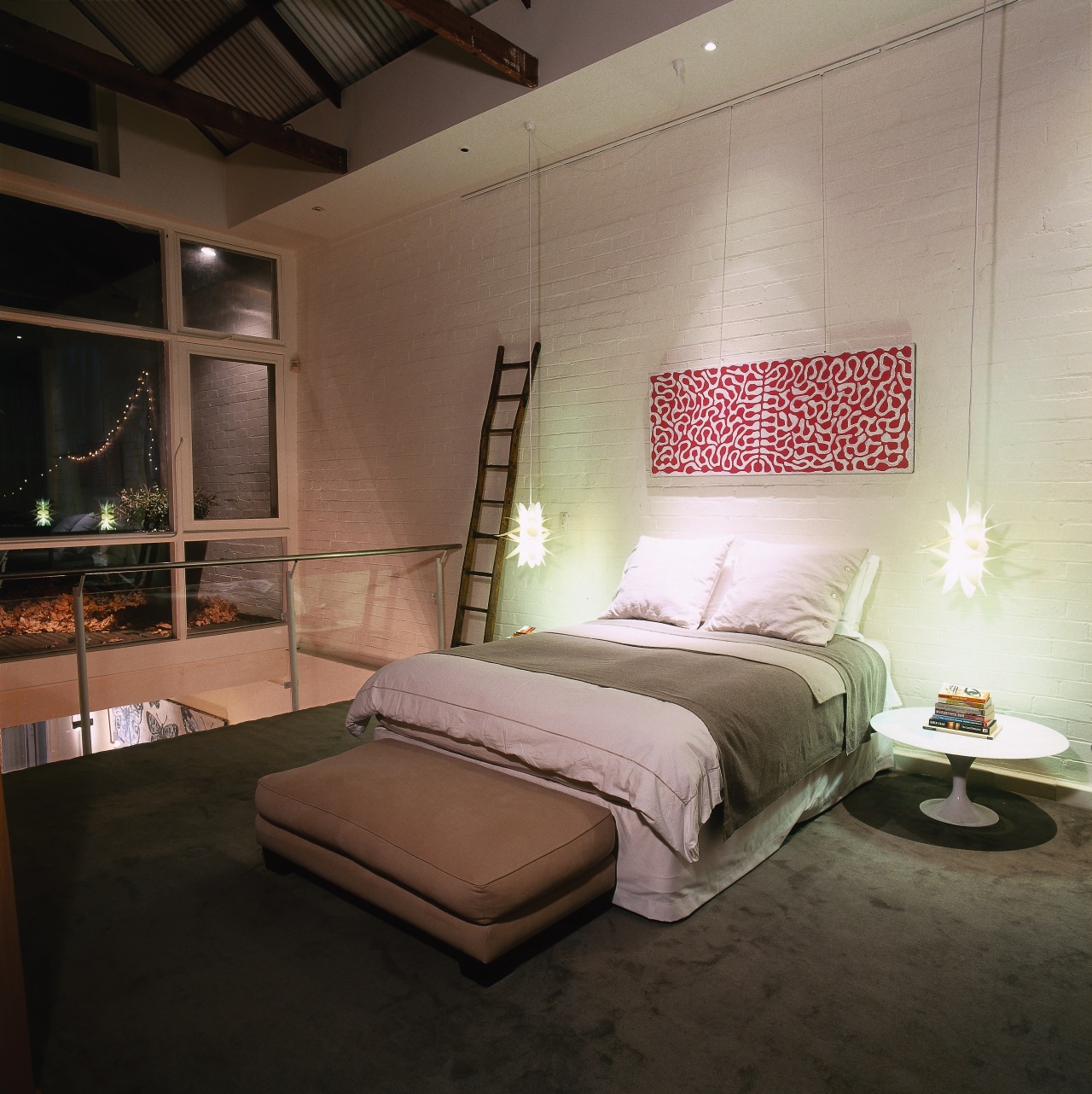 View of this bedroom architecture, bed, bed frame, bedroom, ceiling, floor, furniture, home, interior design, lighting, mattress, room, wall, black, gray