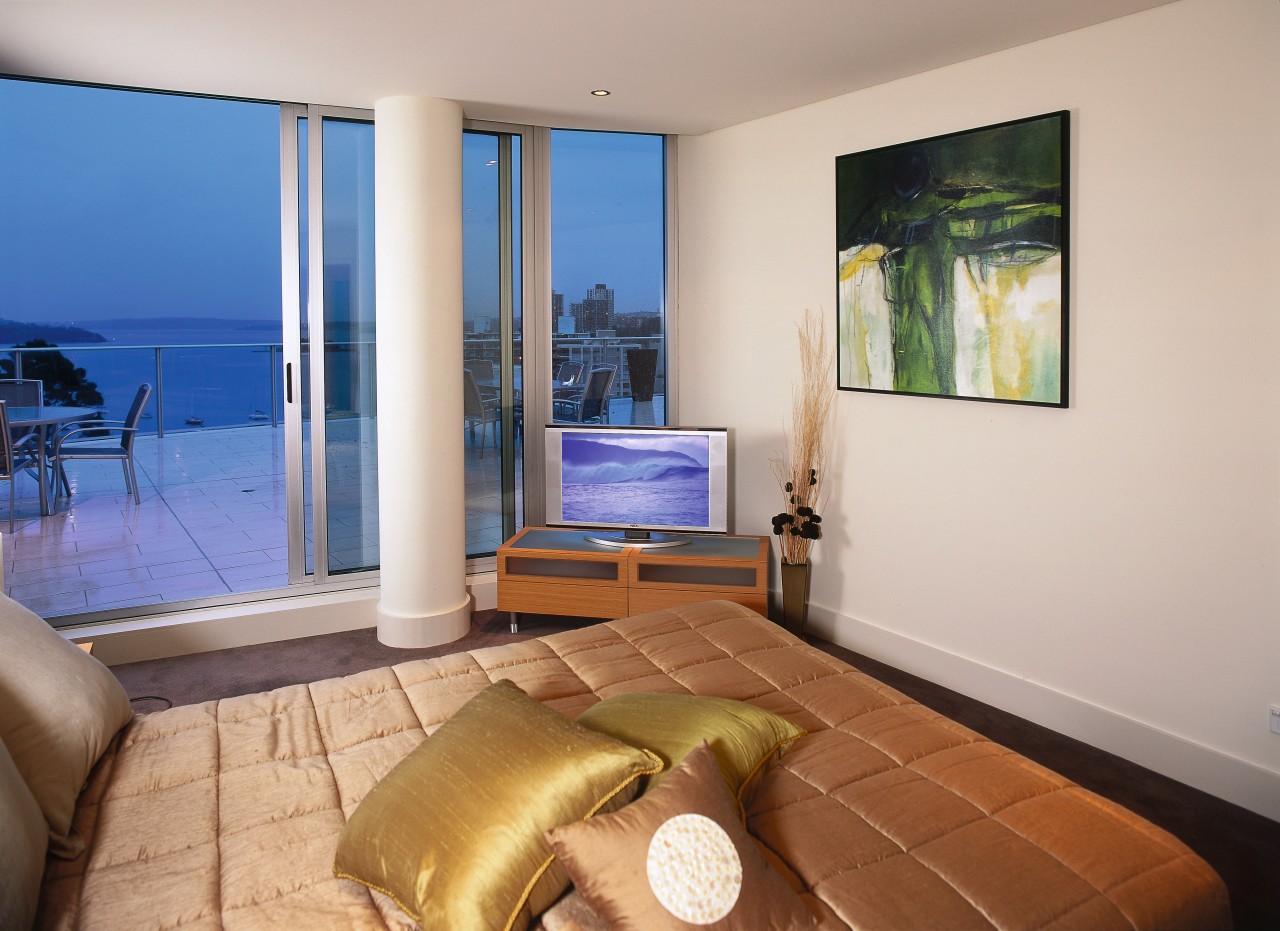 Interior view of bedroom apartment, condominium, estate, interior design, living room, penthouse apartment, property, real estate, room, window, gray