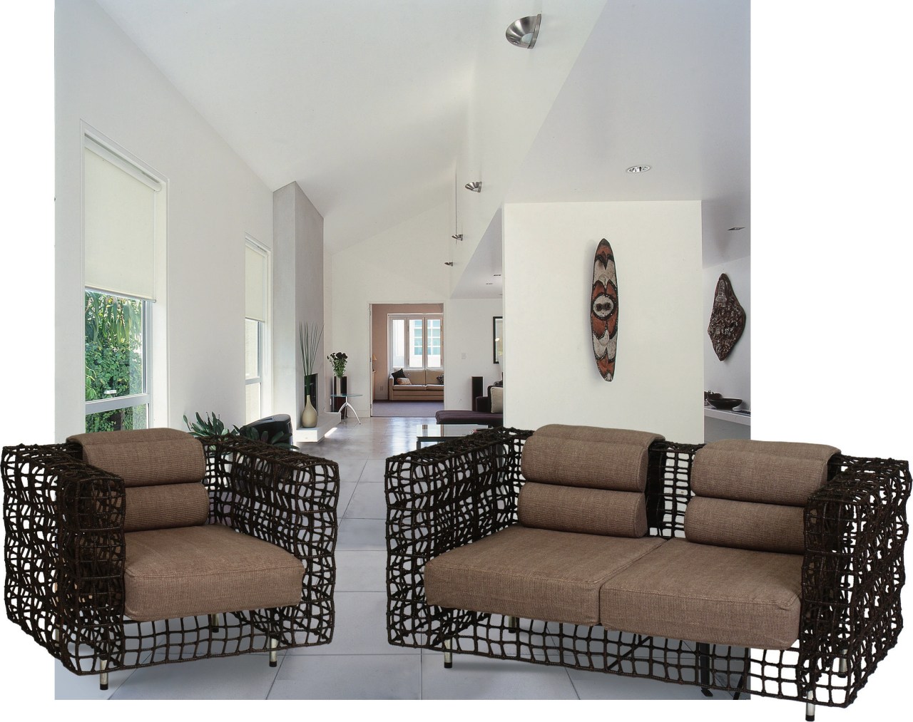 Interior view of living area showing furniture angle, chair, couch, furniture, interior design, living room, loveseat, property, room, table, gray, white