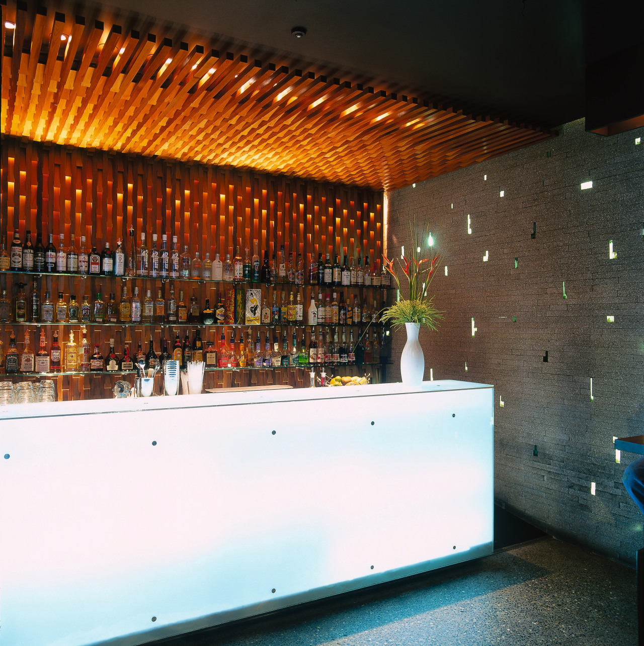 Restaurant bar with backlit polished glass, and timber architecture, interior design, lighting, wood, white