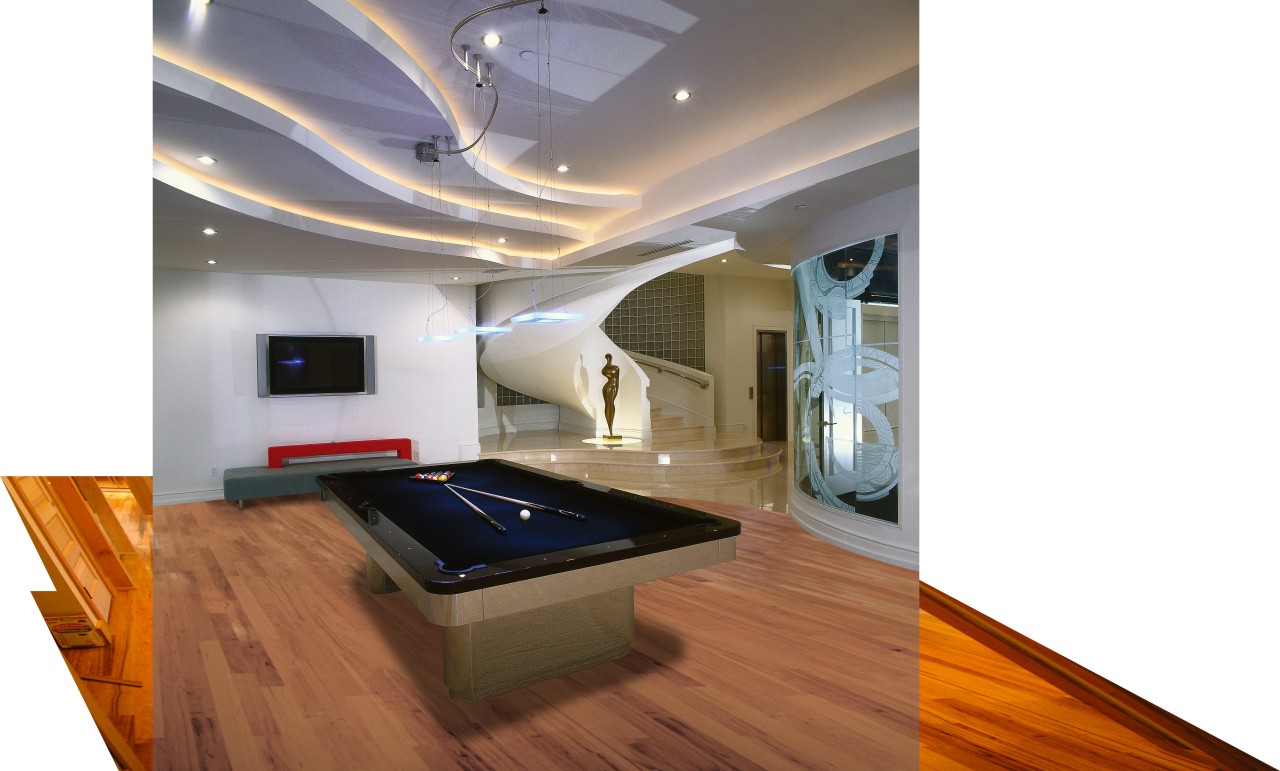 Veiw of this entertainment area billiard room, ceiling, floor, interior design, recreation room, white, brown