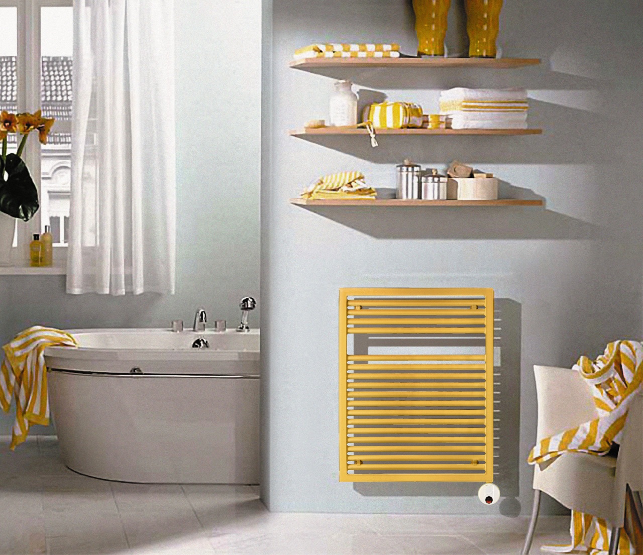 View of this bathroom bathroom, bathroom accessory, bathroom cabinet, chest of drawers, furniture, interior design, plumbing fixture, product, product design, shelf, shelving, tap, yellow, white, gray