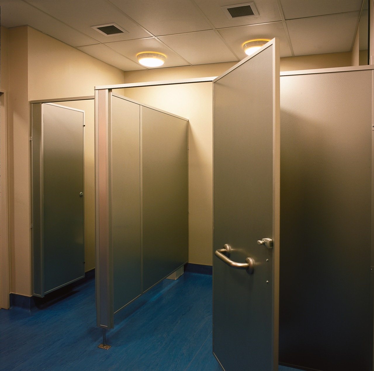 Office toilet facilities with aluminium partitions. ceiling, floor, glass, interior design, lighting, public toilet, room, toilet, wall, brown