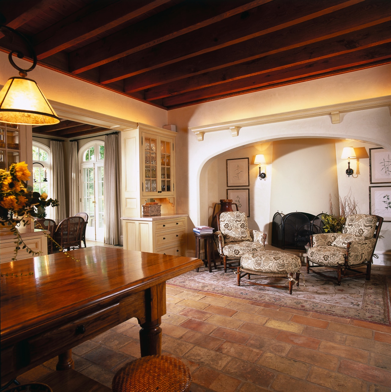 A view of a living area, concrete tiled beam, ceiling, dining room, estate, floor, flooring, home, interior design, living room, real estate, room, table, wood, brown, black