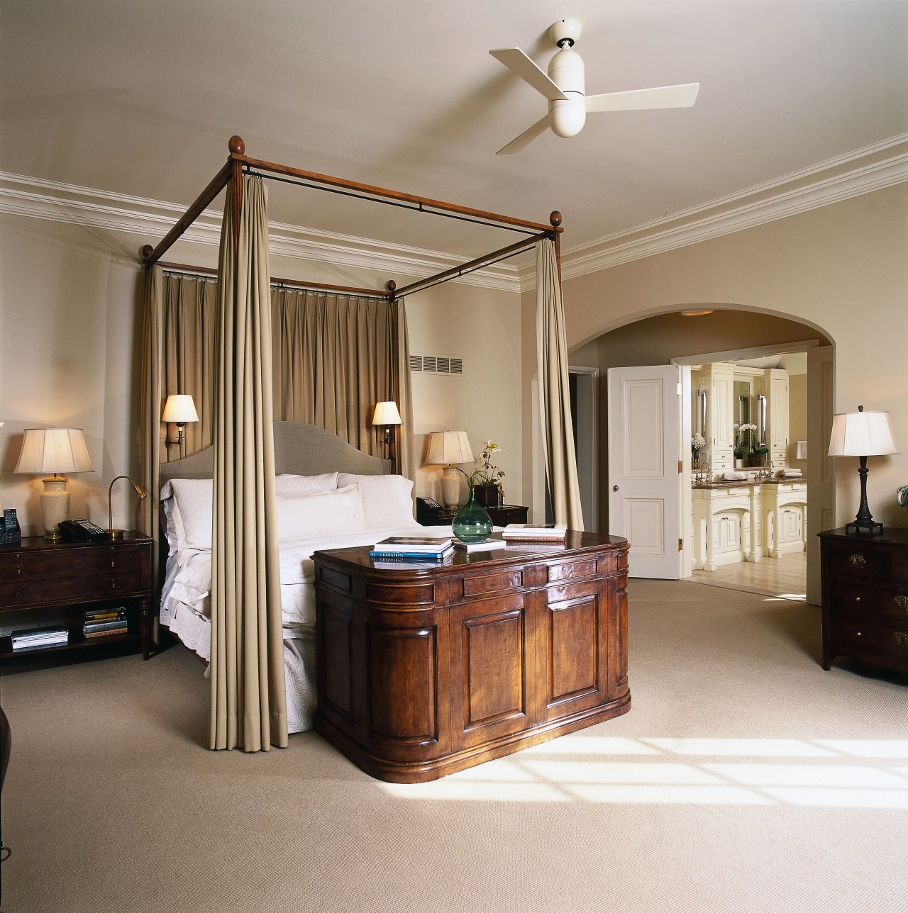 Bedroom with four poster bed, dark timber cabinet, bed frame, ceiling, chest of drawers, floor, flooring, furniture, hardwood, interior design, real estate, room, wood, gray, brown