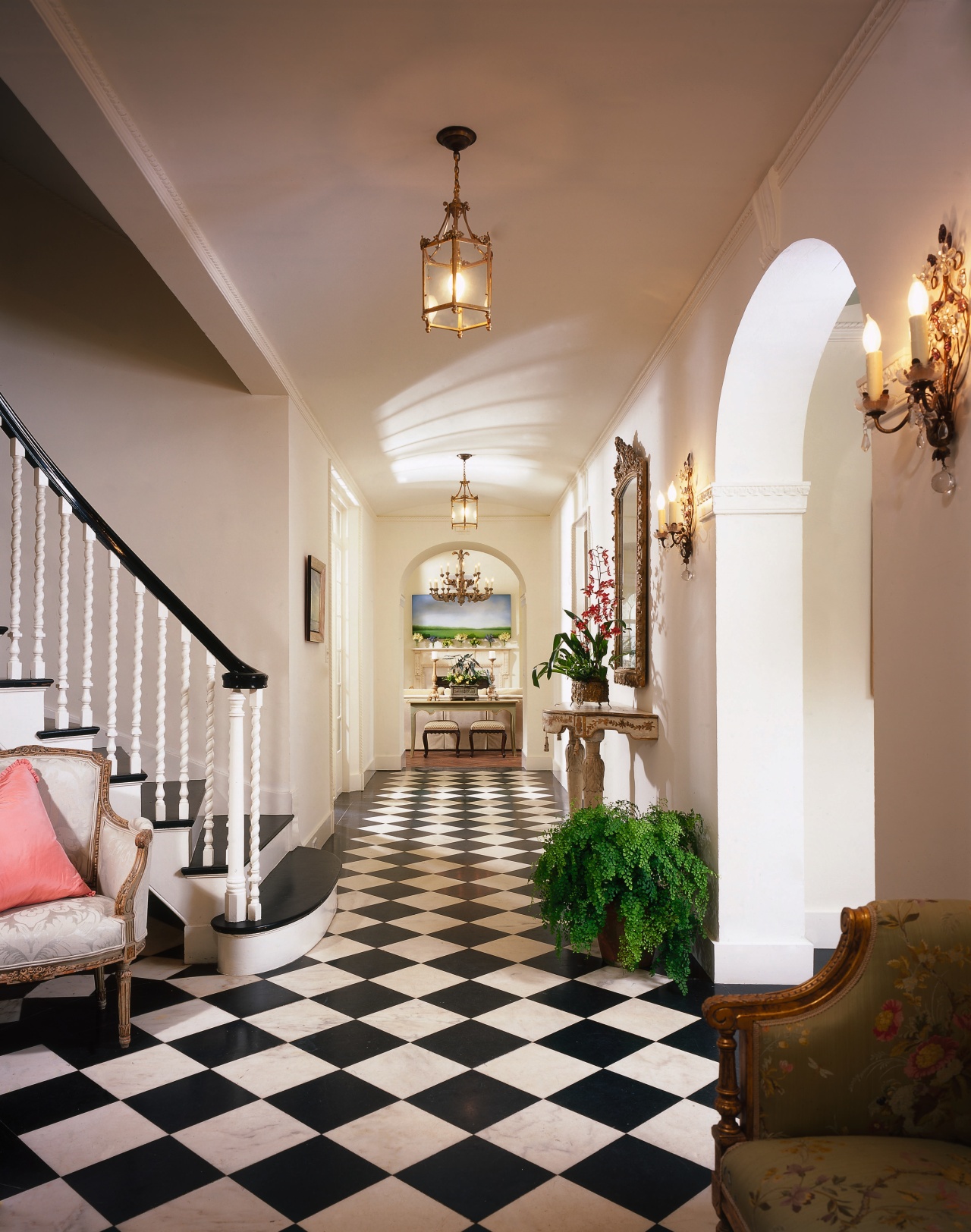 View of the hallway, white and black marble ceiling, column, estate, floor, flooring, hall, home, interior design, living room, lobby, real estate, wall, brown, gray