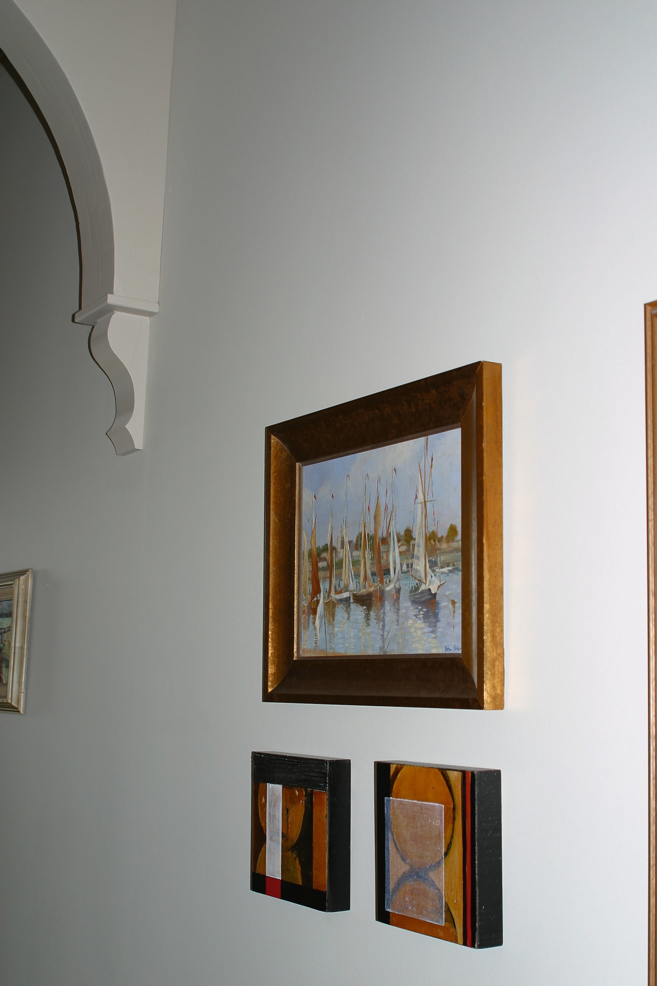 Hallway of older villa with light coloured walls, art gallery, exhibition, home, interior design, modern art, picture frame, gray