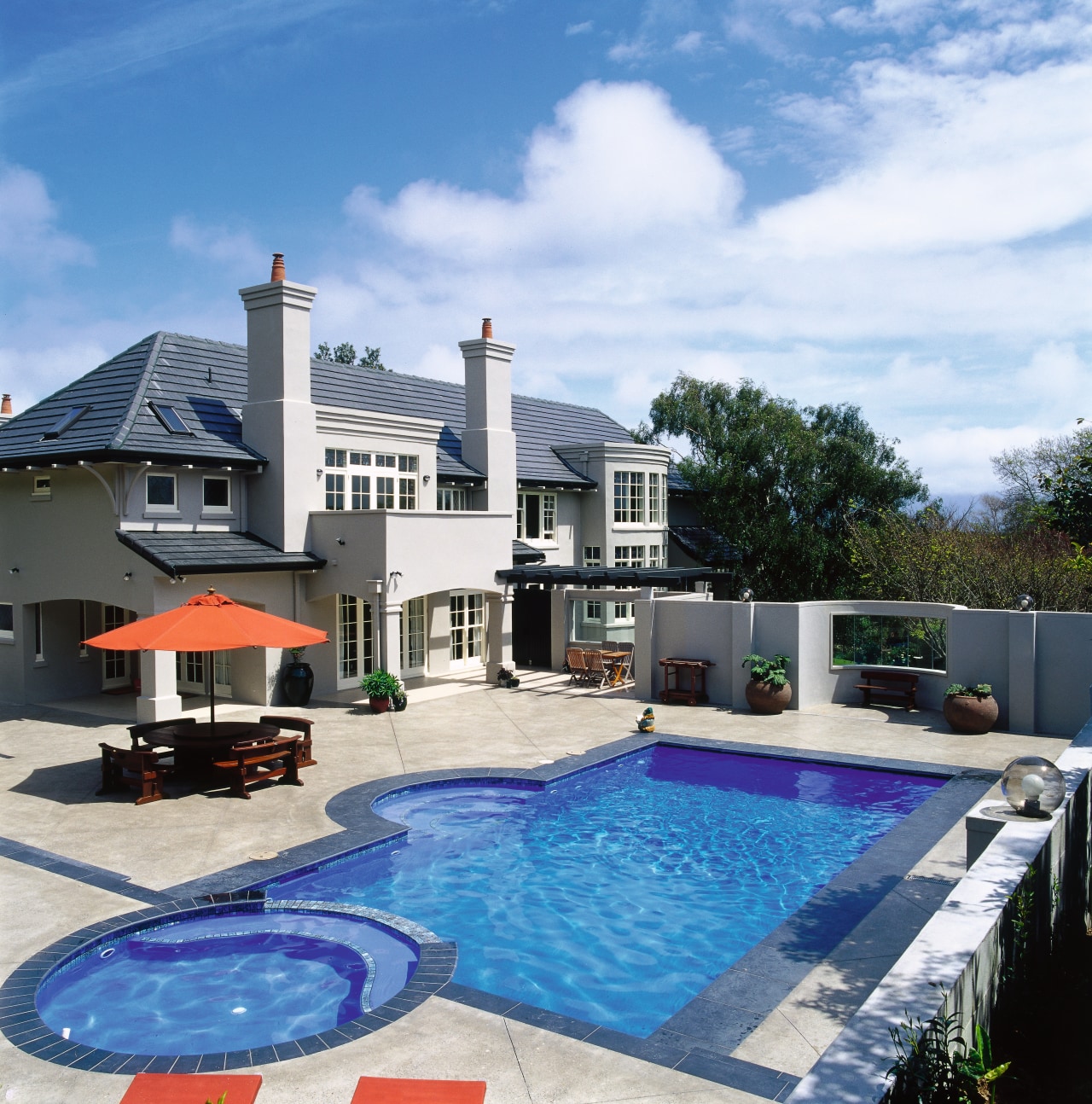 Pool area with tiled area, walls with cut estate, home, house, leisure, property, real estate, sky, swimming pool, villa, white, teal