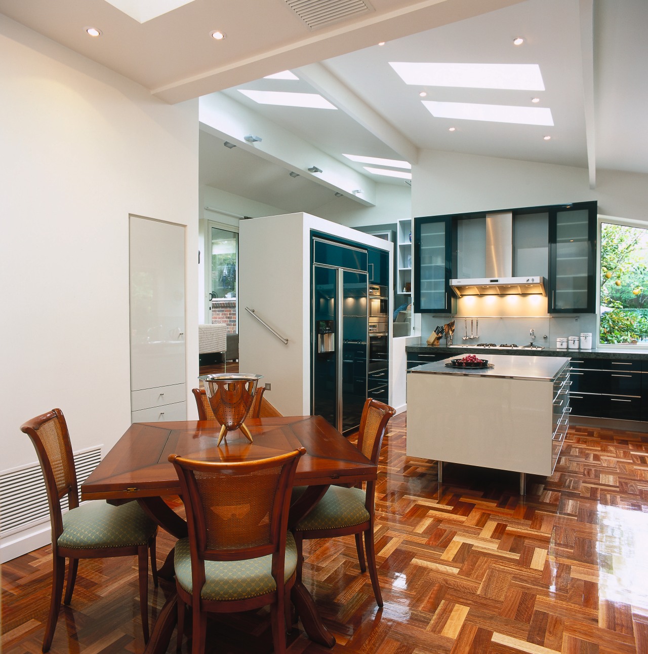 view of the entire kitchen and dining area ceiling, dining room, floor, flooring, interior design, living room, real estate, room, gray