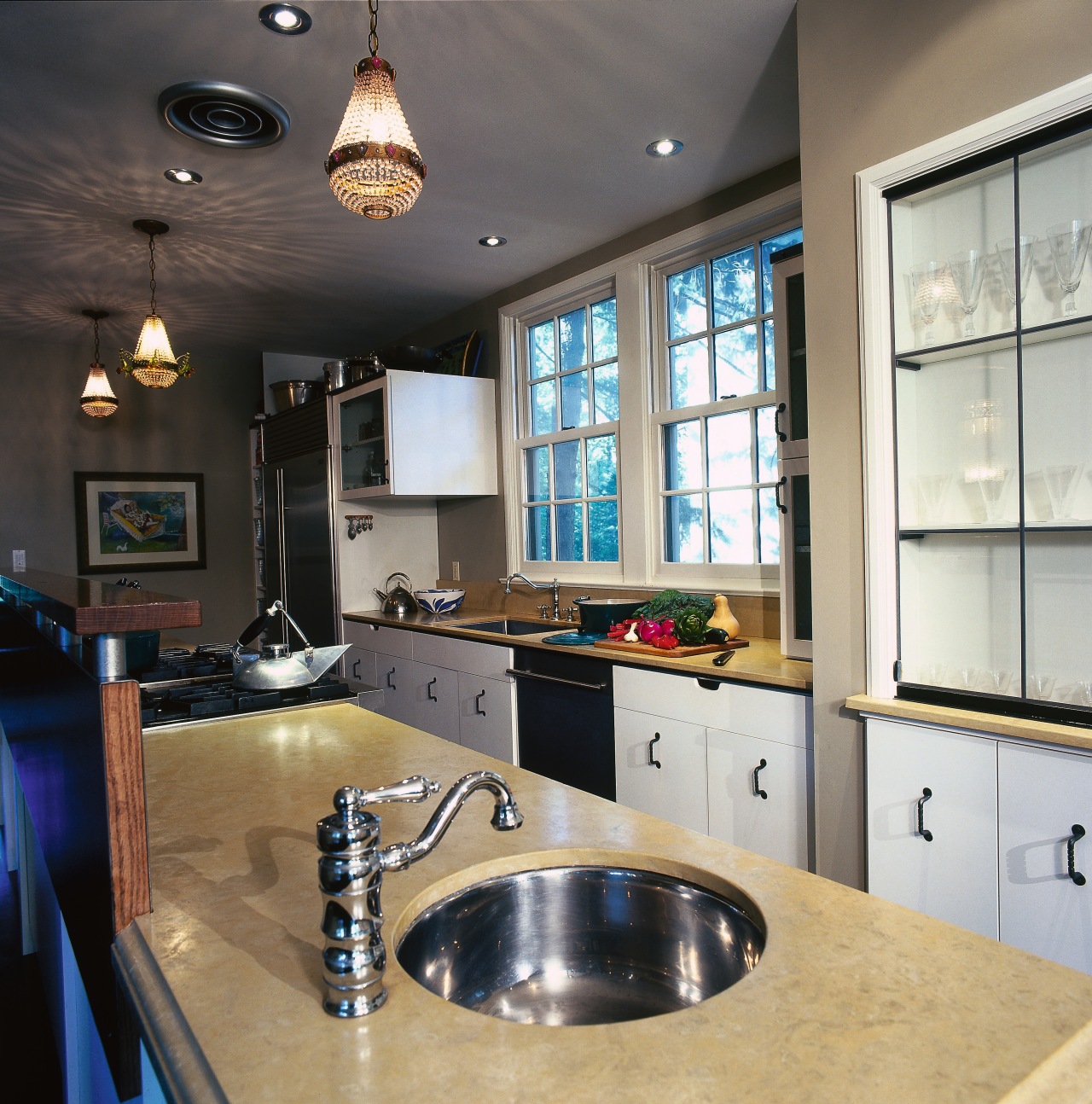 Close up view of the stainless steel sink ceiling, countertop, interior design, kitchen, room, gray, black