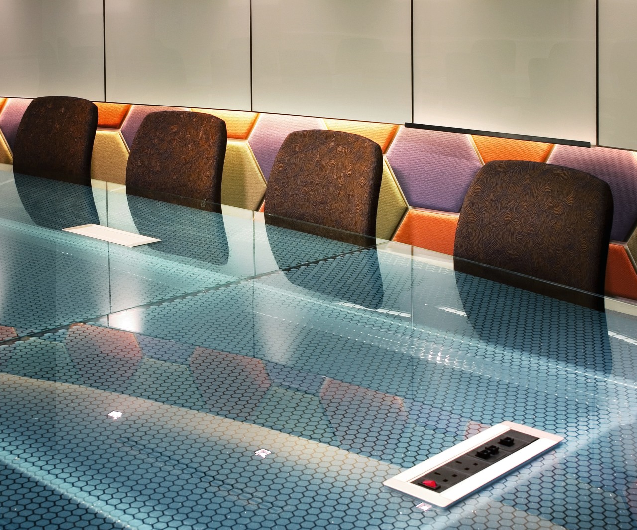 View of the glass meeting desk and brown chair, couch, floor, flooring, furniture, interior design, product, product design, table, tile, gray