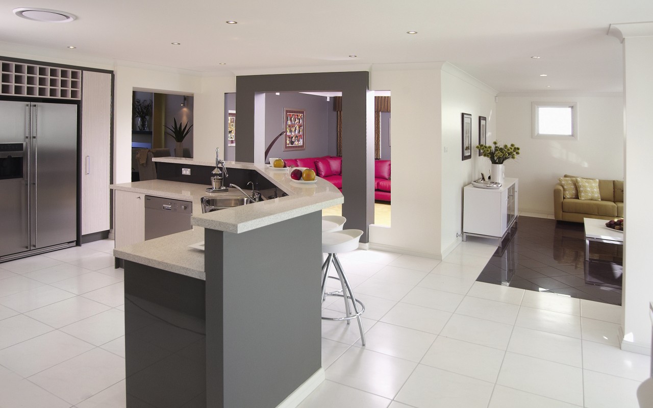 Open plan kitchen with grey cabinetry, flecked benchtop, countertop, floor, flooring, interior design, kitchen, property, real estate, room, gray