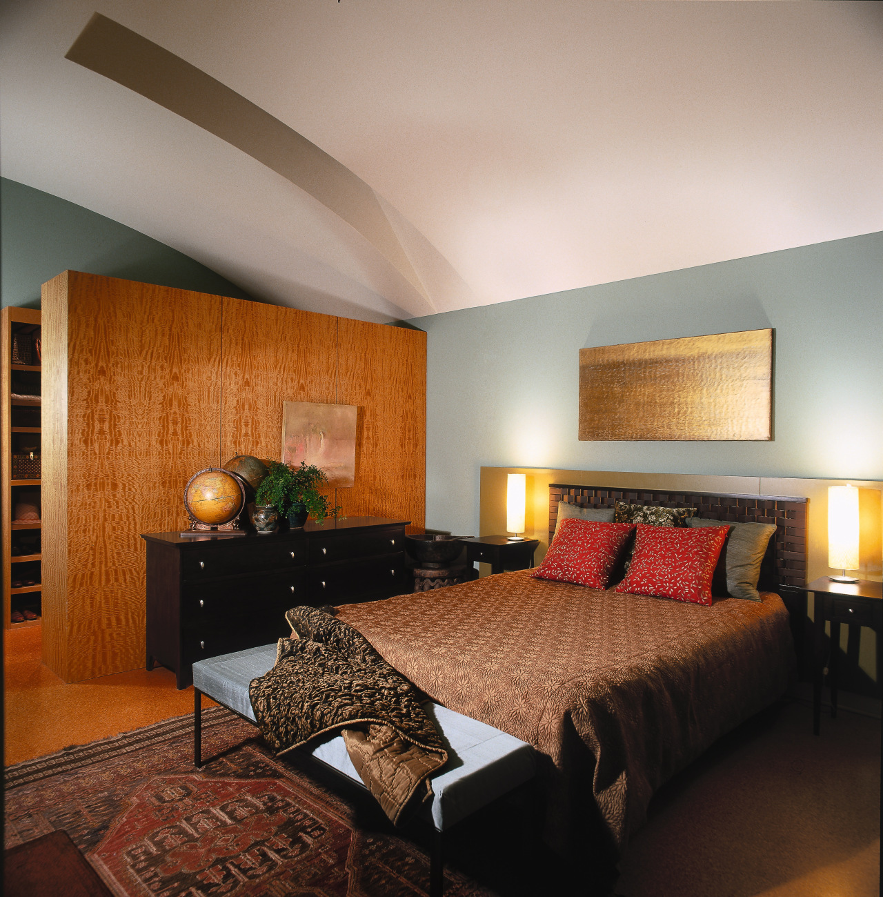 View of the mastwr bedroom, skylight, wooden feature bed frame, bedroom, ceiling, floor, home, interior design, living room, real estate, room, suite, wall, gray, brown