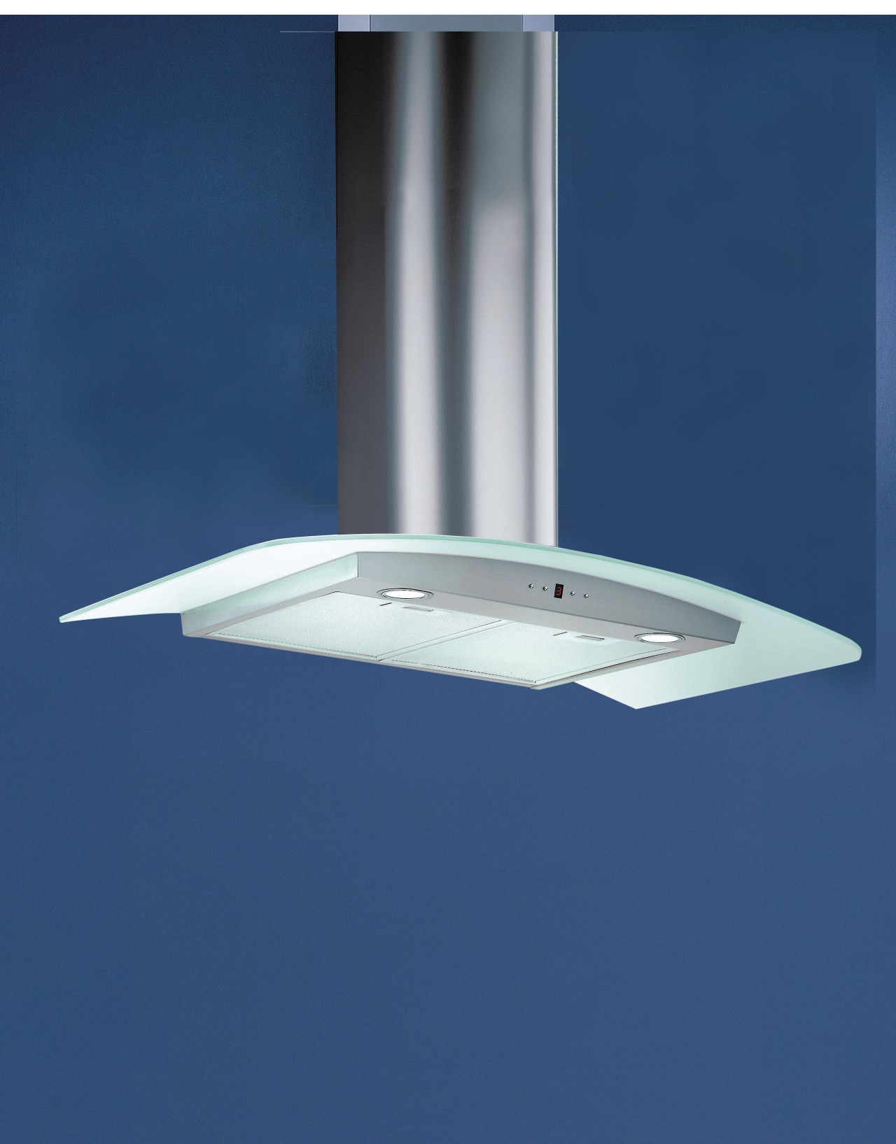 Rangehood with curved glass canopy and twin halogen ceiling fixture, daylighting, daytime, lighting, product design, sky, blue