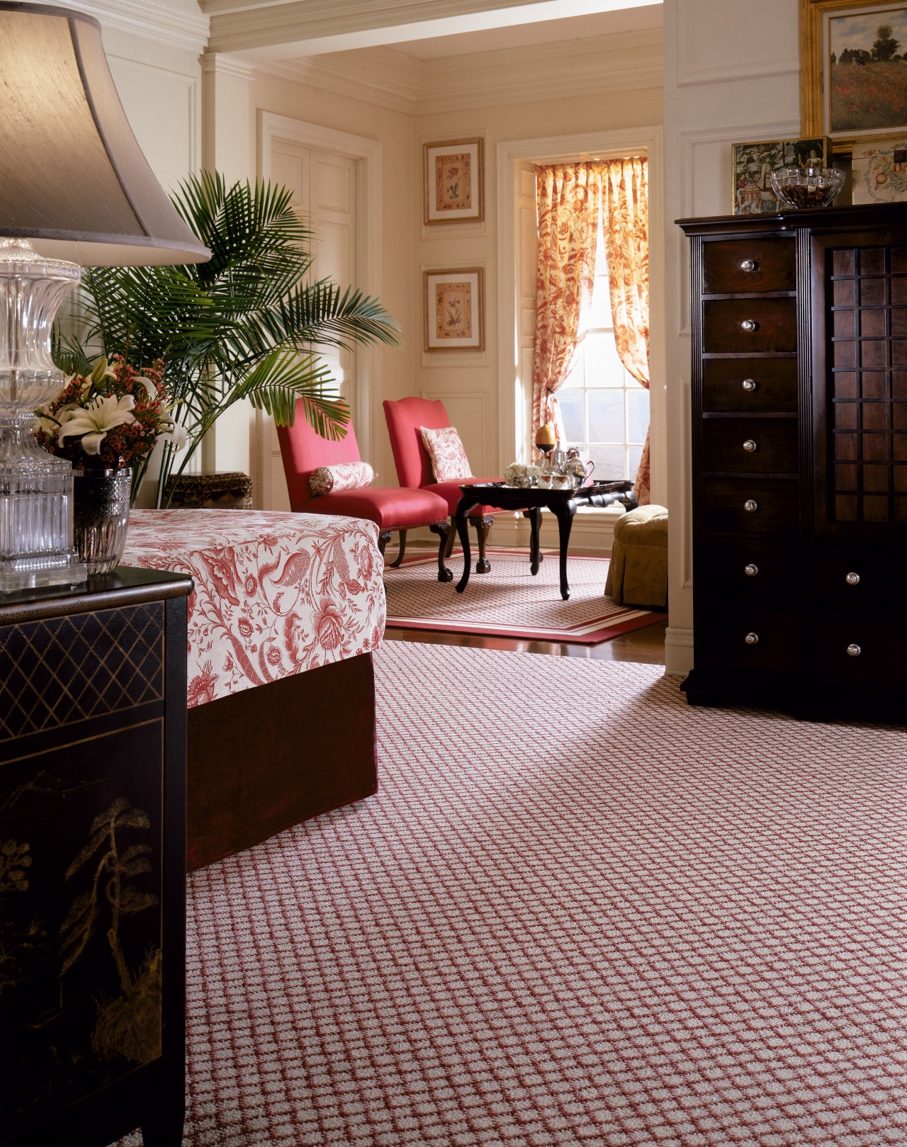 View of a bedroom, red patterned carpet, wooden carpet, floor, flooring, hardwood, home, interior design, laminate flooring, living room, lobby, room, tile, window, wood, wood flooring, gray, black