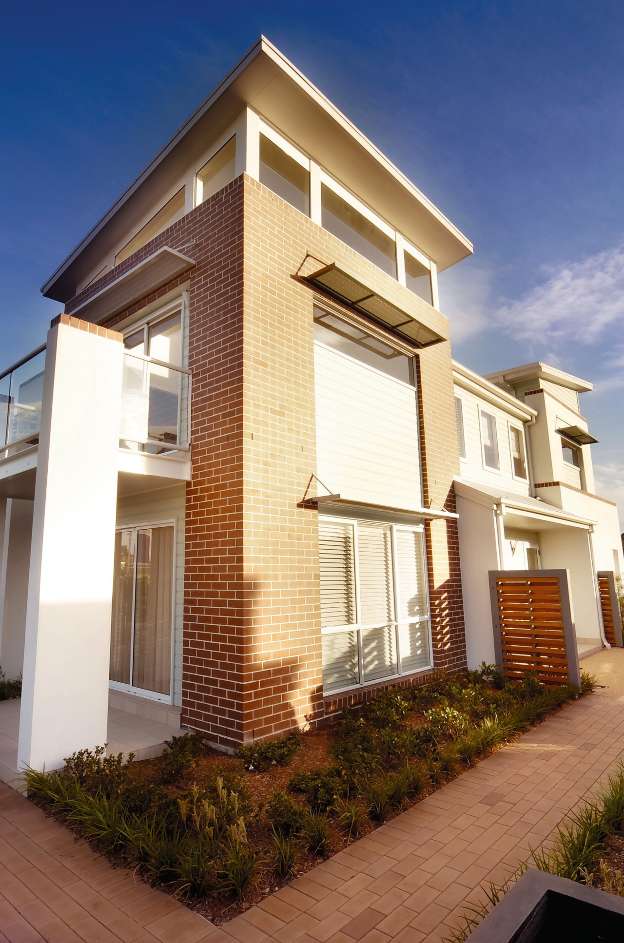 Two storey house with smooth red bricks and apartment, architecture, building, condominium, elevation, estate, facade, home, house, neighbourhood, property, real estate, residential area, siding, window, brown