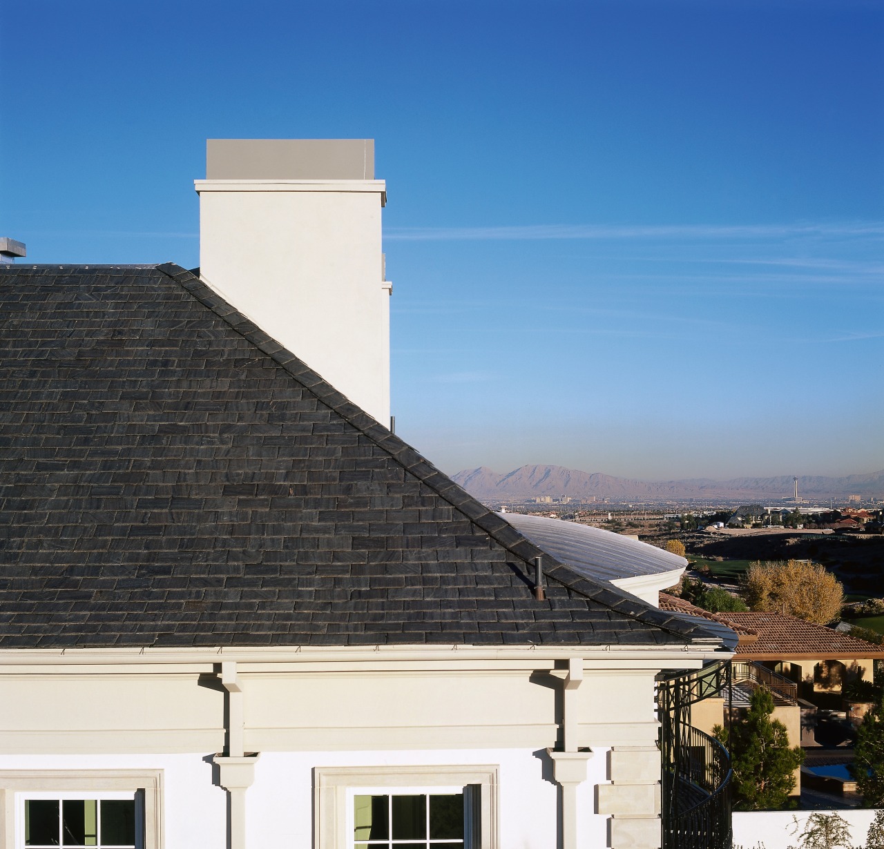Close up view of the black slate roof, architecture, building, cloud, cottage, facade, home, house, outdoor structure, property, real estate, residential area, roof, sky, window, black