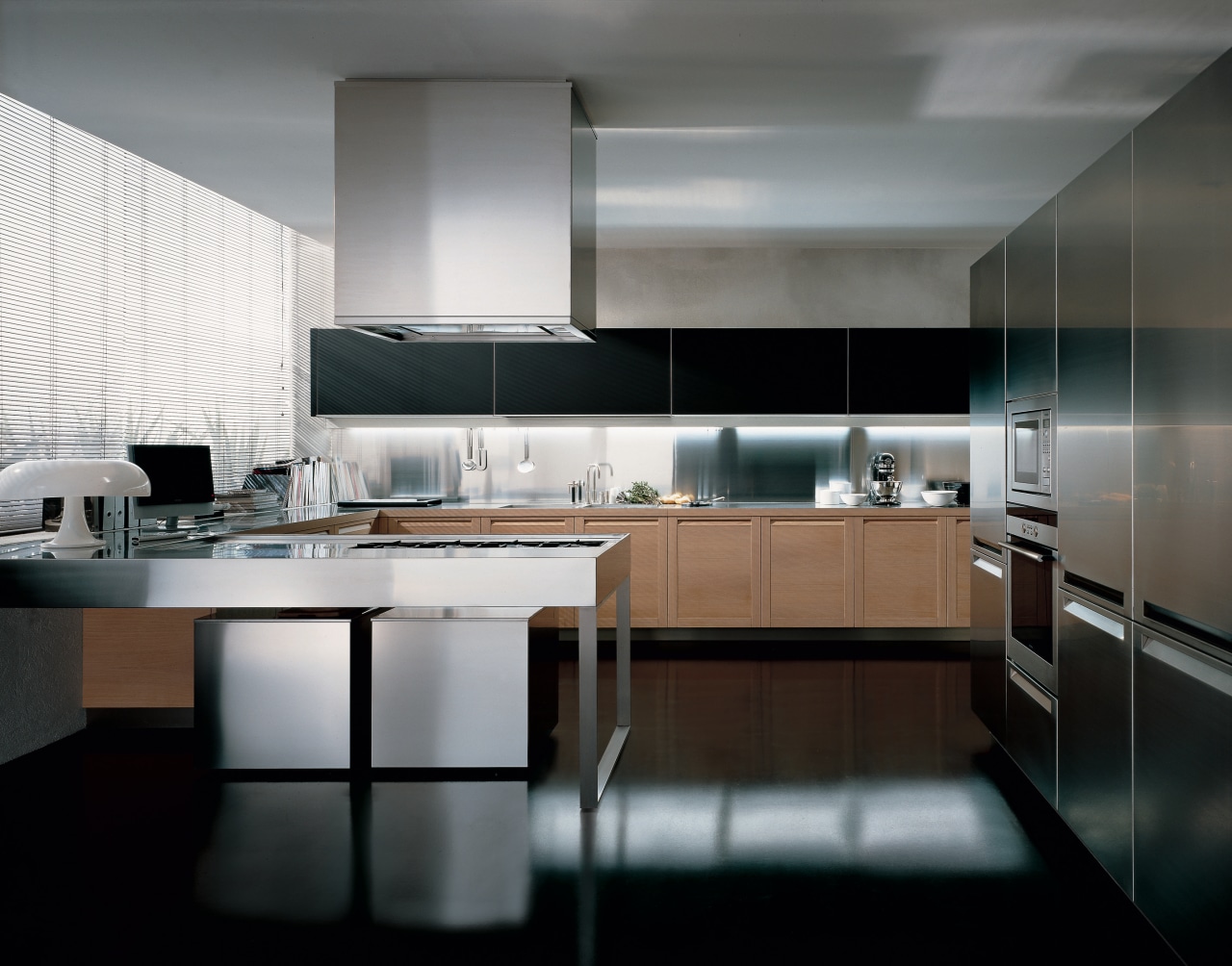 Kitchen with stainless steel appliances, splashback along wall, cabinetry, ceiling, countertop, cuisine classique, interior design, kitchen, product design, under cabinet lighting, gray, black