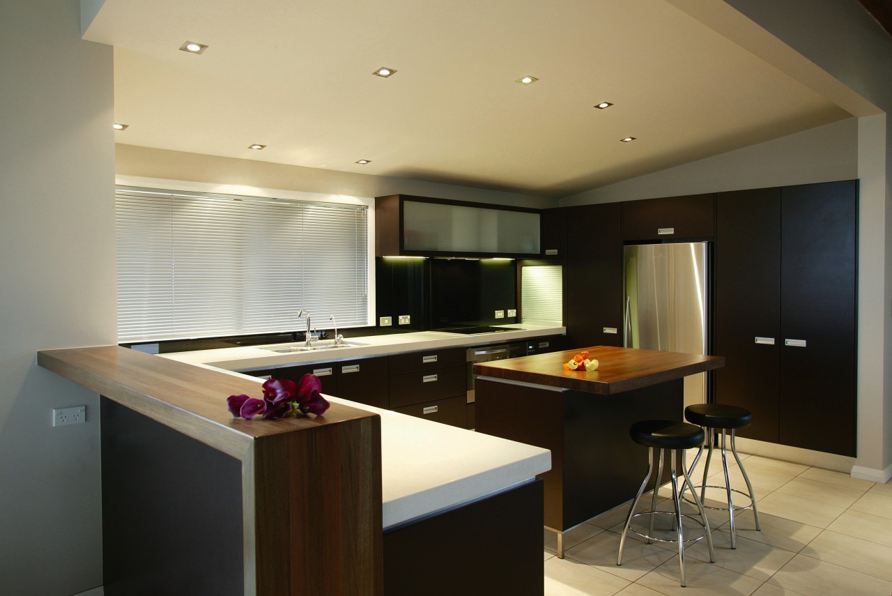 Kitchen with timber breakfast bar and island top, cabinetry, countertop, interior design, kitchen, room, black, orange