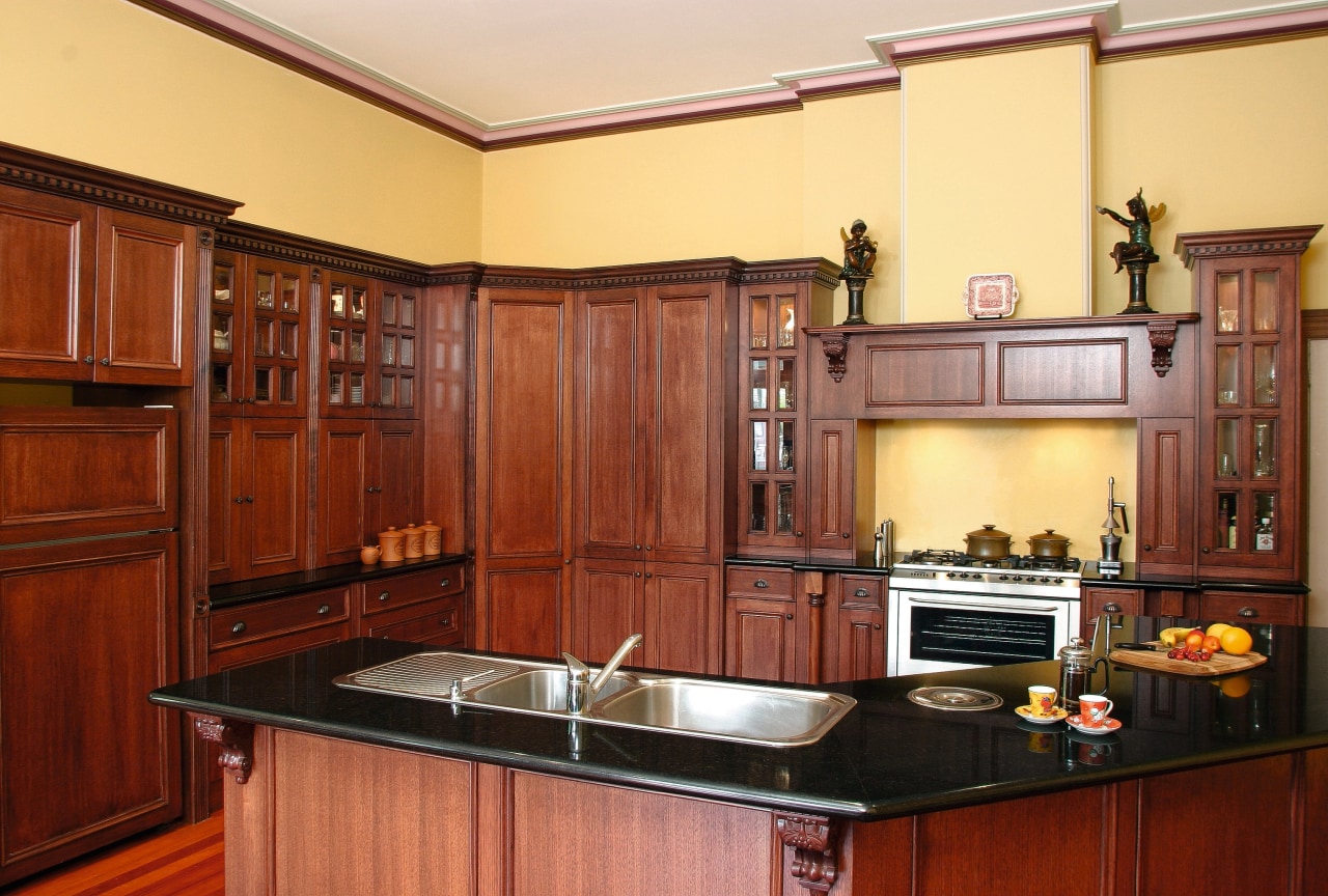 view of the black assoluto granite benchtop cabinetry, countertop, cuisine classique, hardwood, interior design, kitchen, real estate, room, red, orange